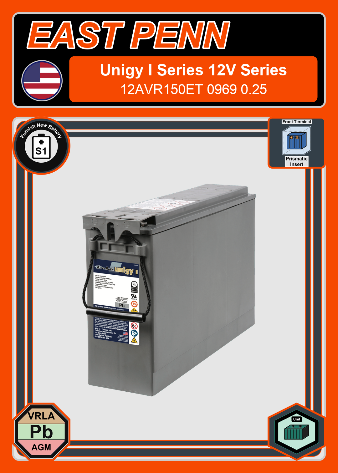 Furnish New Battery East Penn Deka Unigy I 12AVR150ET 0969 0 25