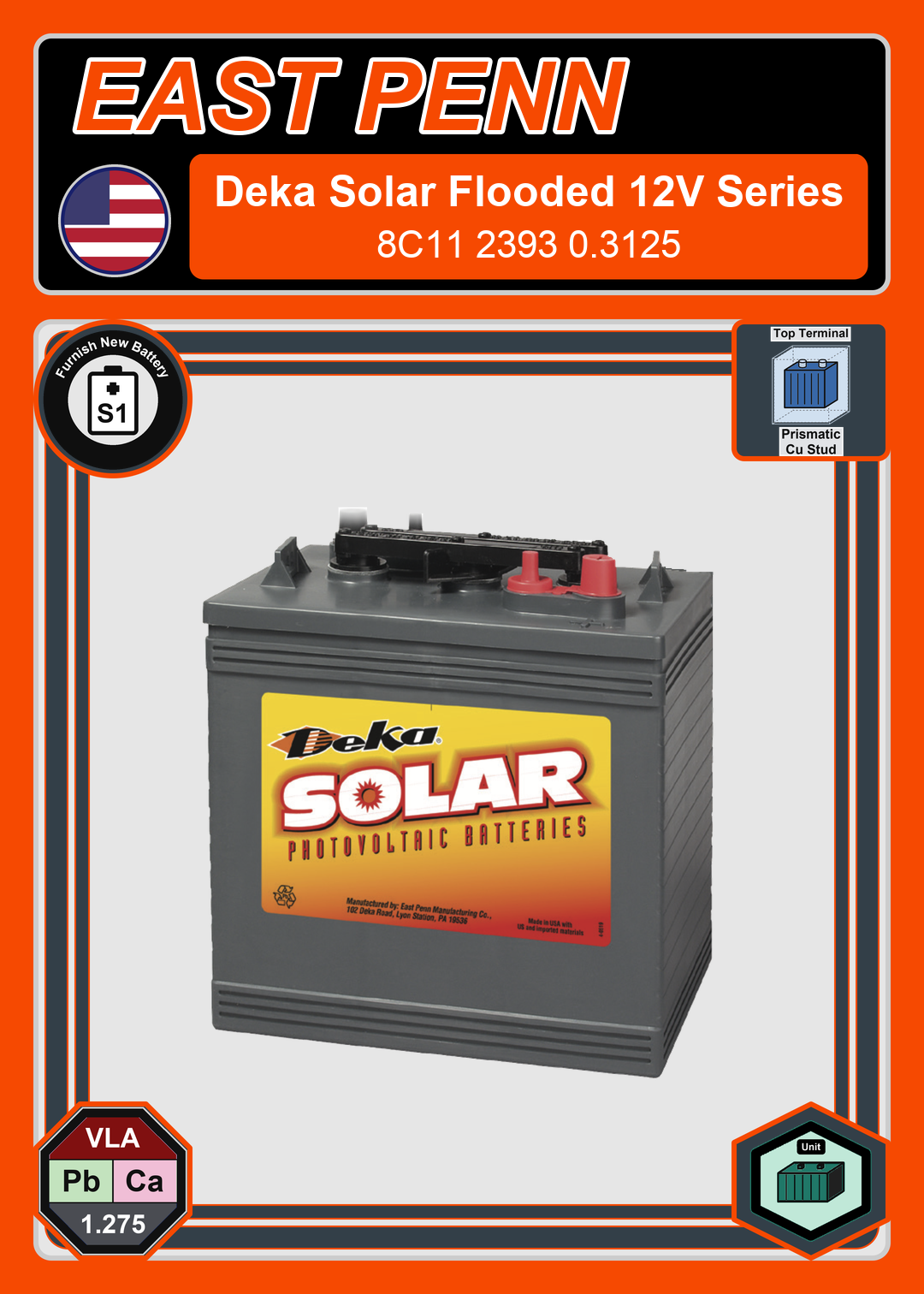 Furnish New Battery East Penn Deka Solar 8C11 2393 0 3125