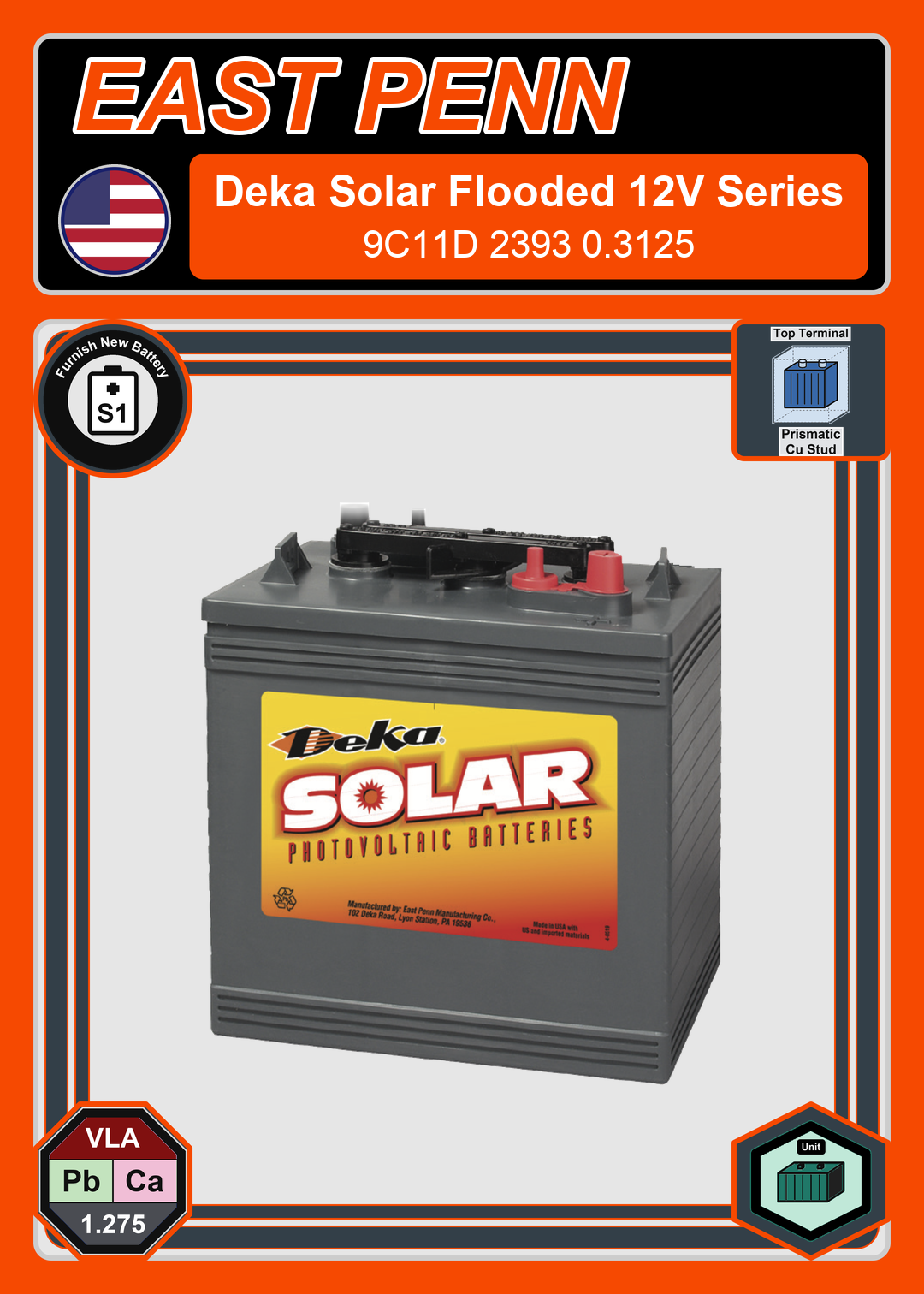 Furnish New Battery East Penn Deka Solar 9C11D 2393 0 3125