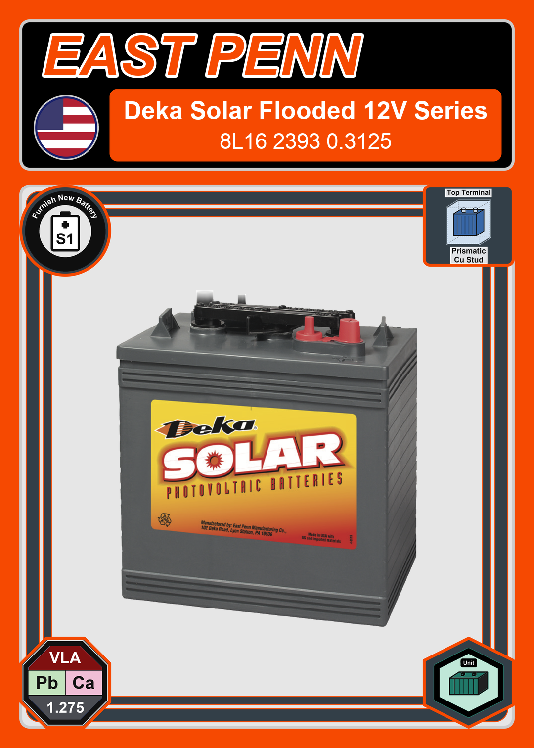Furnish New Battery East Penn Deka Solar 8L16 2393 0 3125