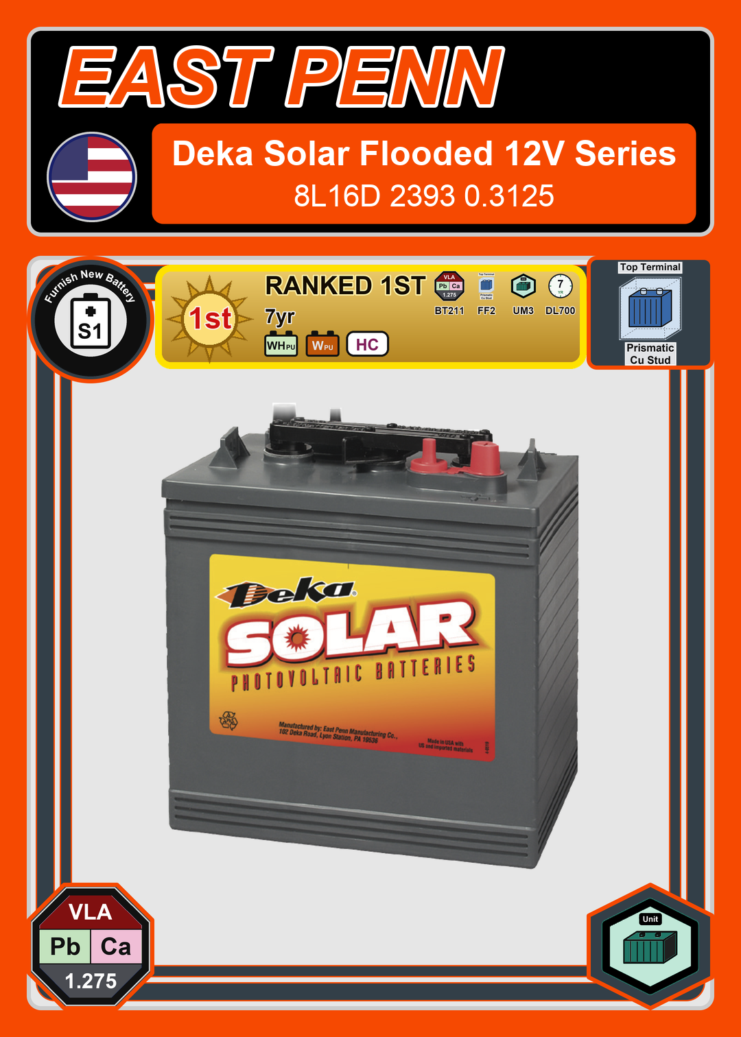Furnish New Battery East Penn Deka Solar 8L16D 2393 0 3125