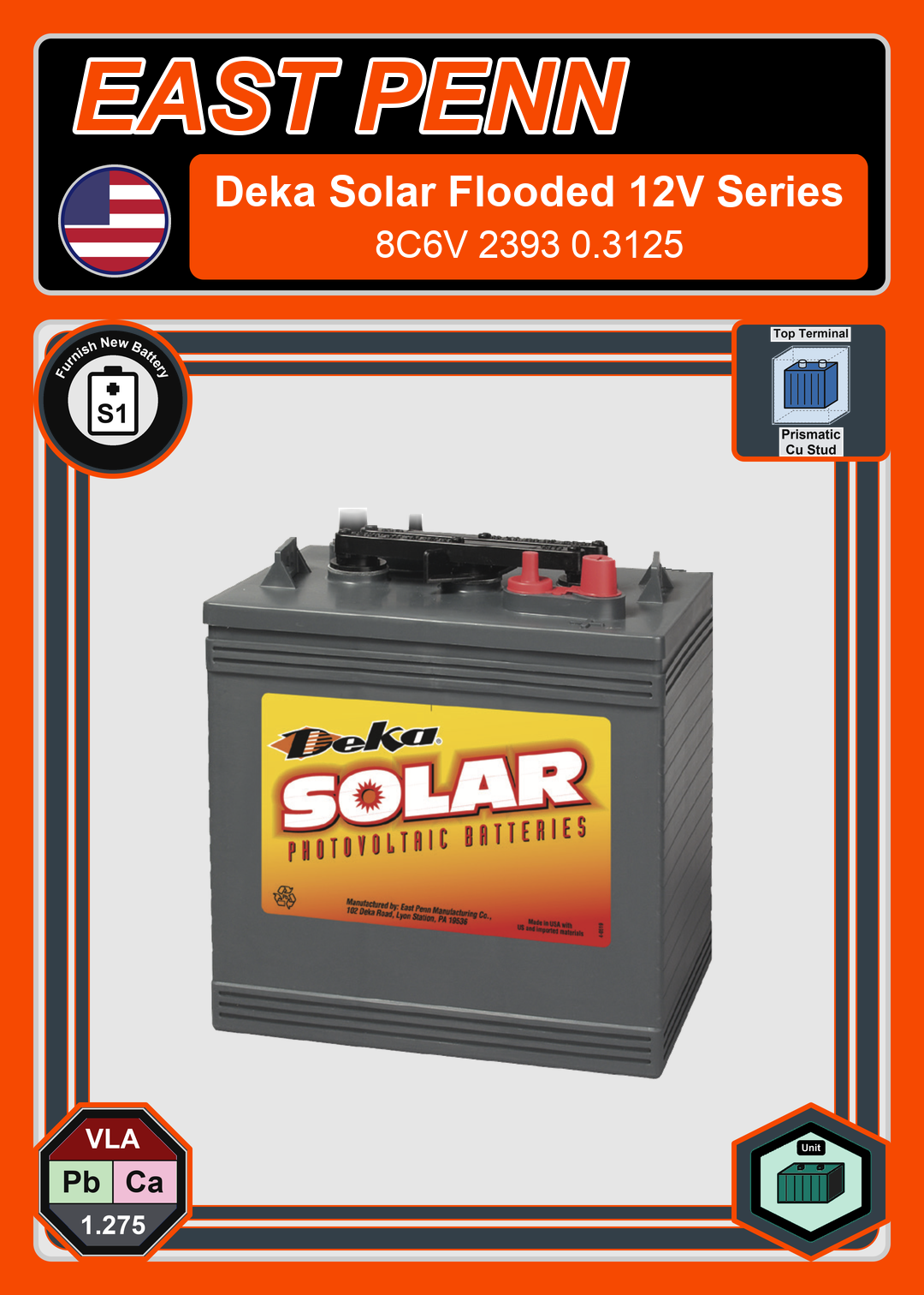 Furnish New Battery East Penn Deka Solar 8C6V 2393 0 3125