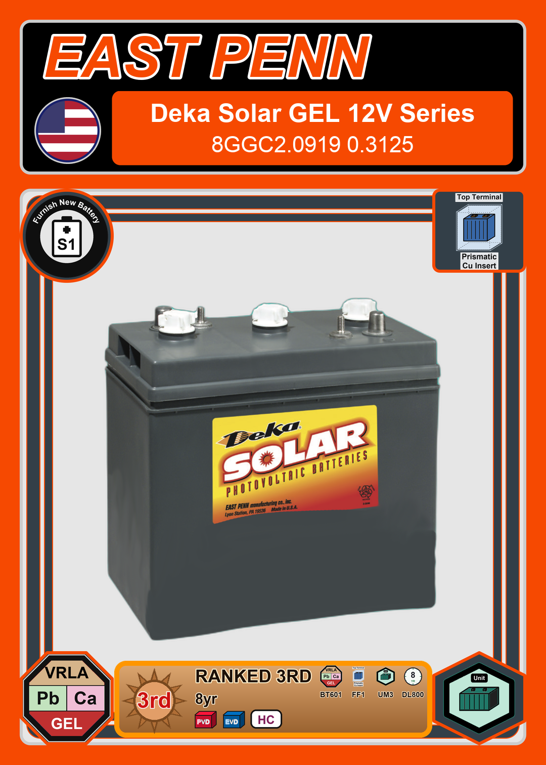 Furnish New Battery East Penn Deka Solar GEL 8GGC2 0919 0 3125