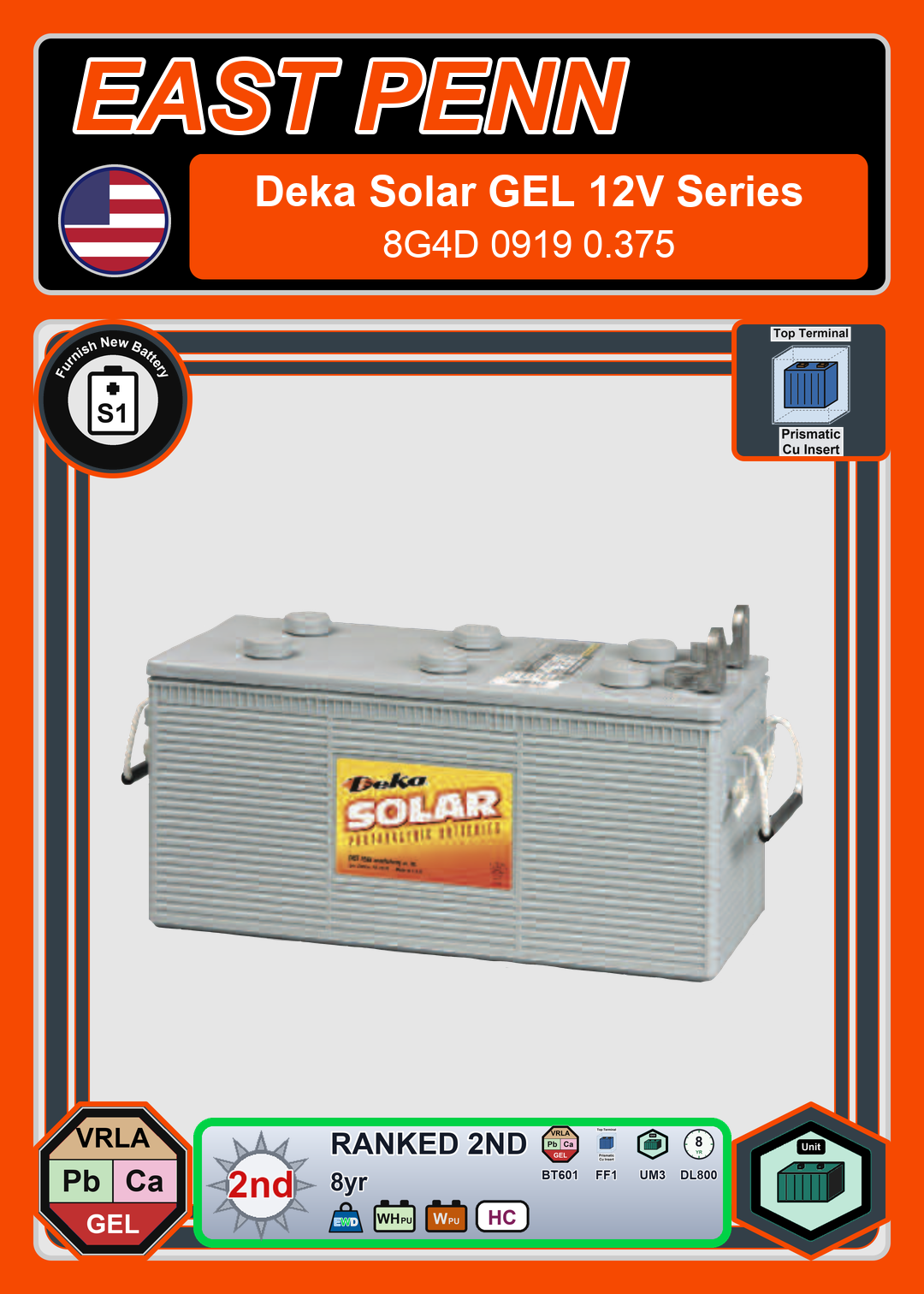 Furnish New Battery East Penn Deka Solar GEL 8G4D 0919 0 375