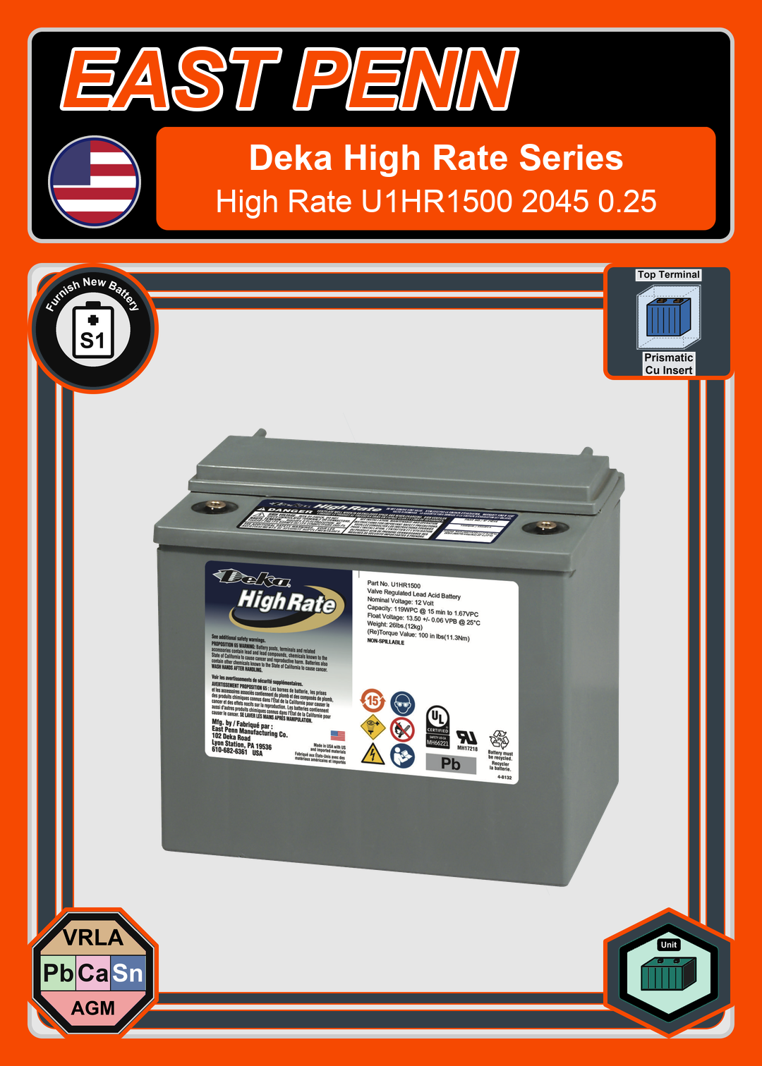 Furnish New Battery East Penn Deka Deka High Rate U1HR1500 2045 0 25