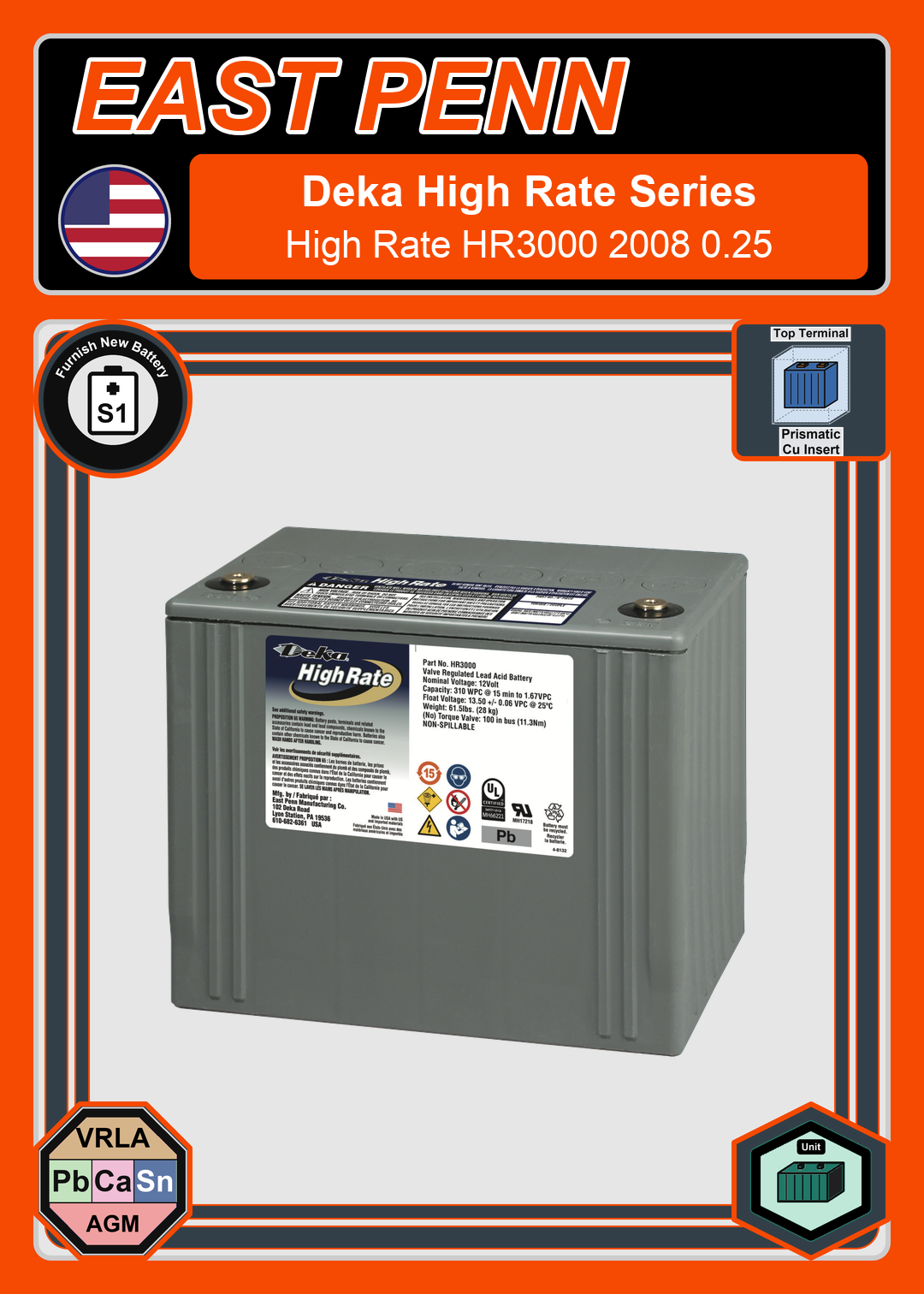 Furnish New Battery East Penn Deka Deka High Rate HR3000 2008 0 25