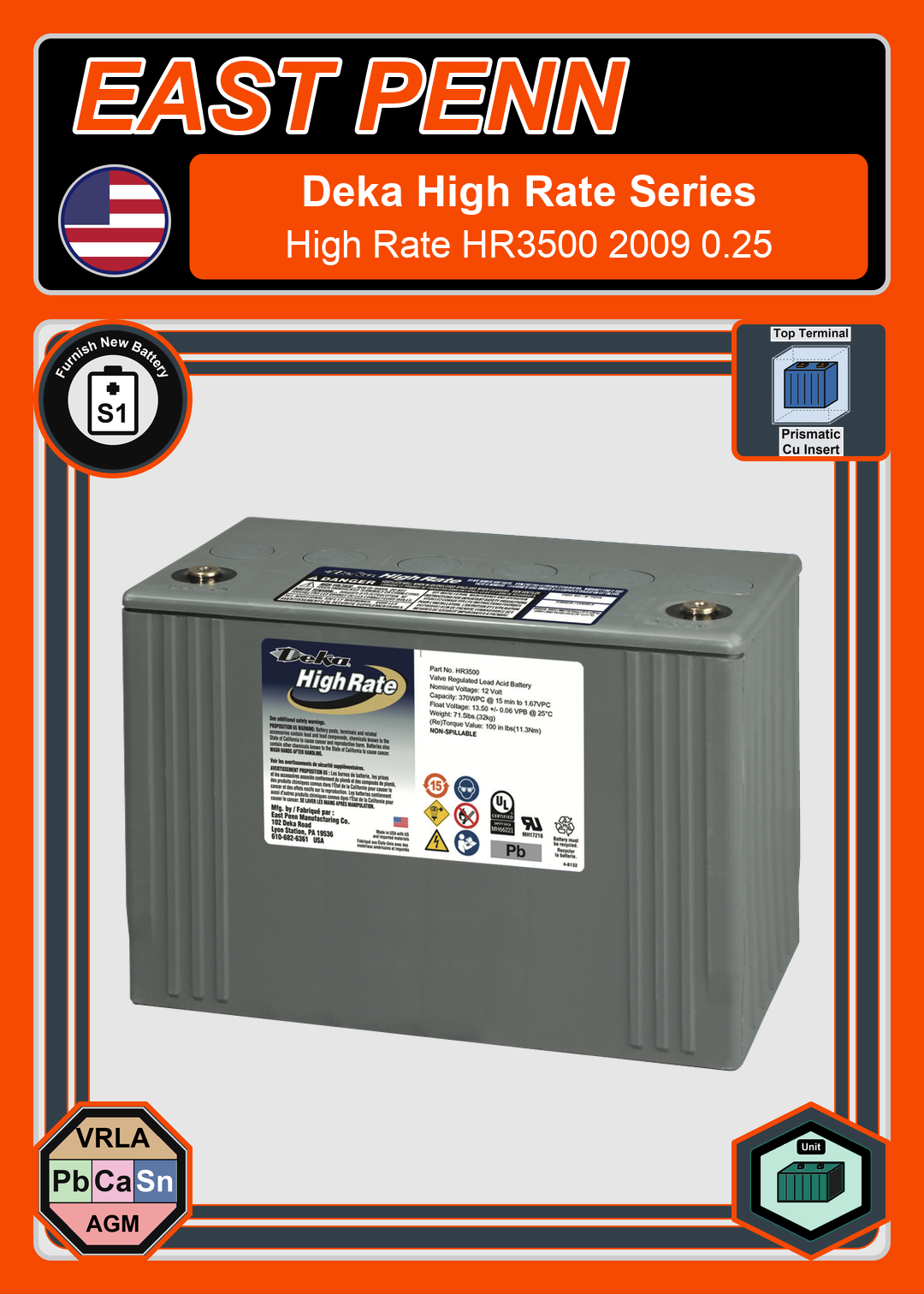 Furnish New Battery East Penn Deka Deka High Rate HR3500 2009 0 25