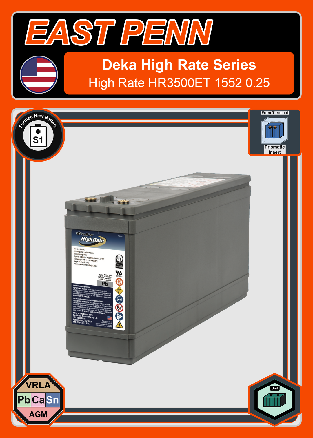 Furnish New Battery East Penn Deka High Rate HR3500ET 1552 0 25