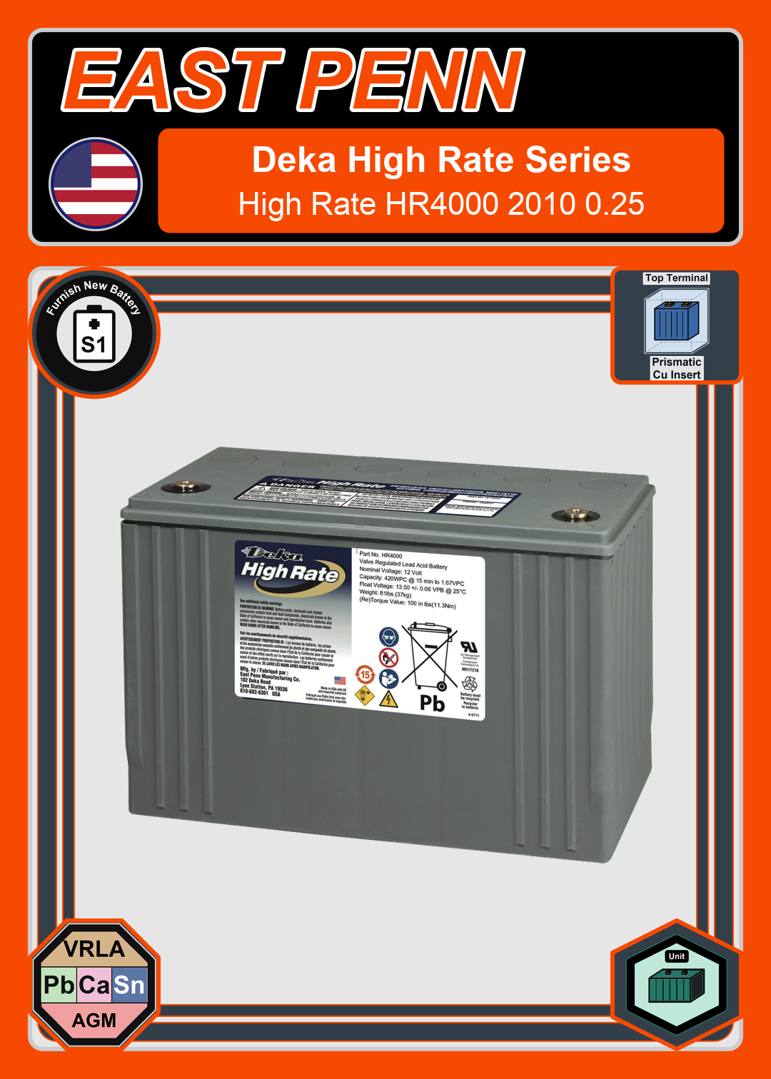 Furnish New Battery East Penn Deka High Rate HR4000 2010 0 25