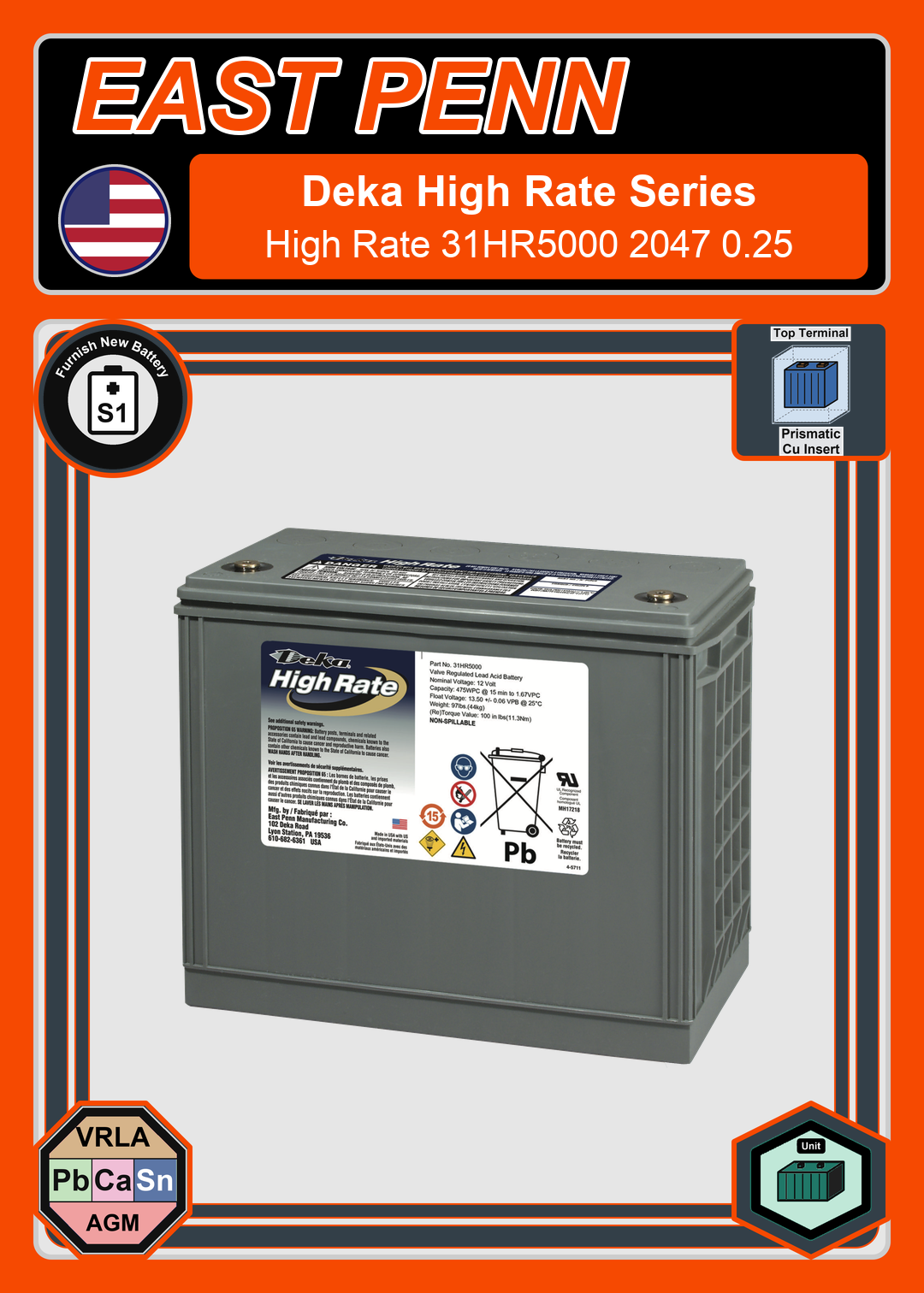 Furnish New Battery East Penn Deka High Rate 31HR5000 2047 0 25