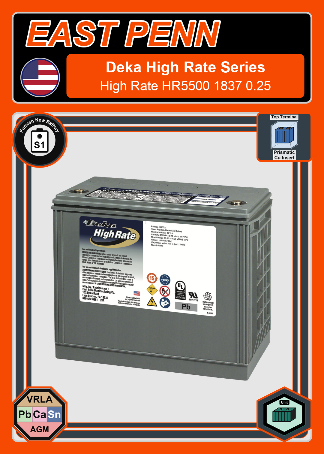 Furnish New Battery East Penn Deka High Rate HR5500 1837 0 25