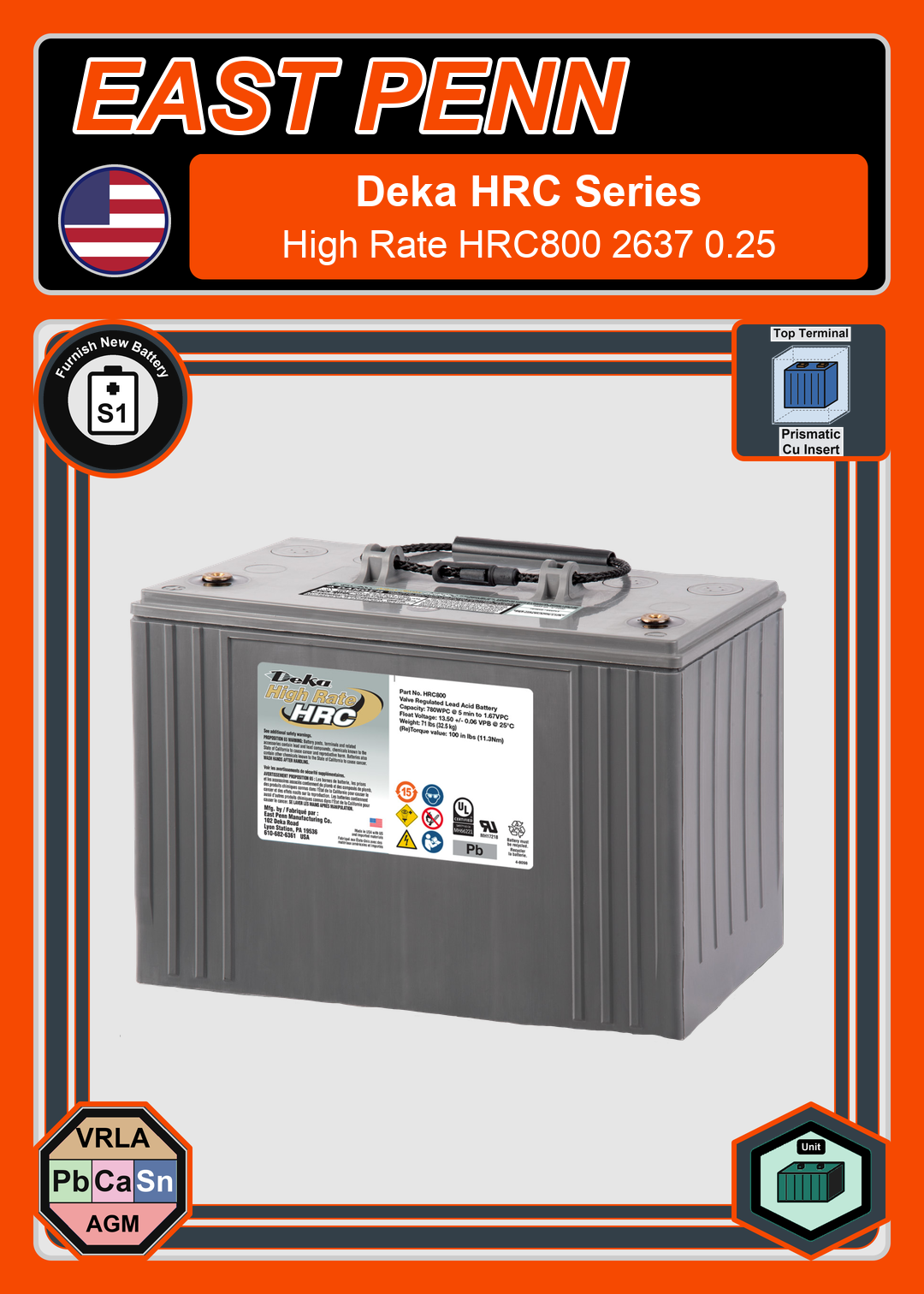 Furnish New Battery East Penn Deka High Rate HRC800 2637 0 25