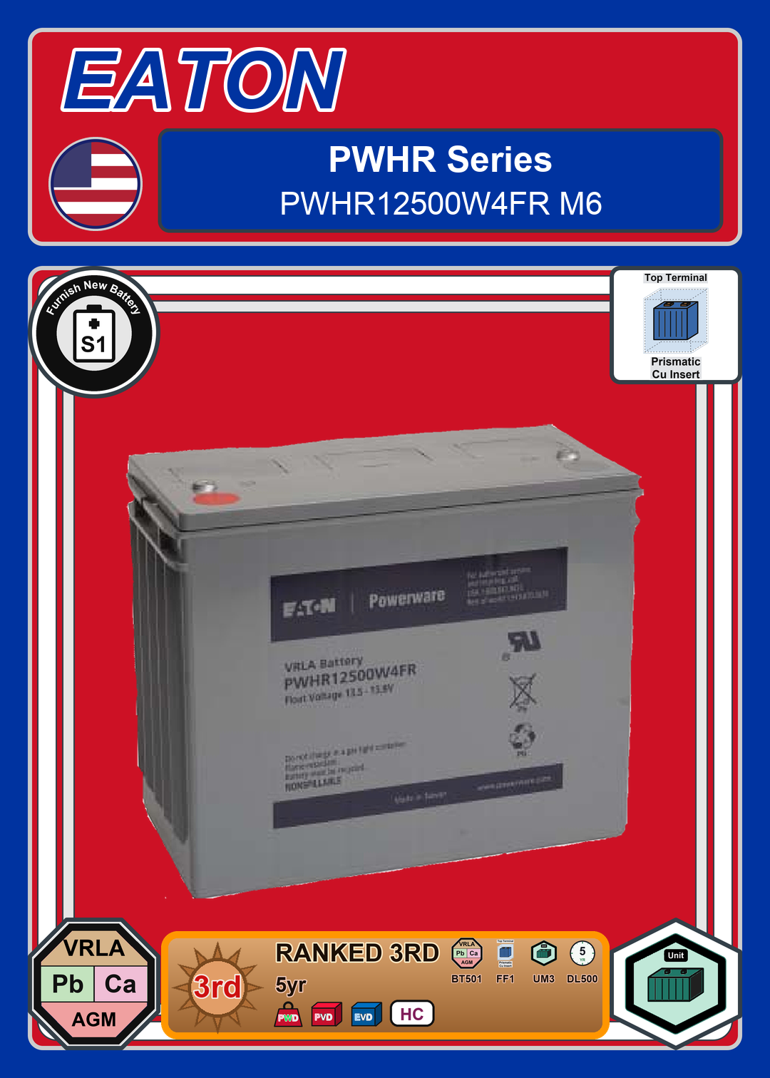 Furnish New Battery EATON PWHR Series PWHR12500W4FR M6