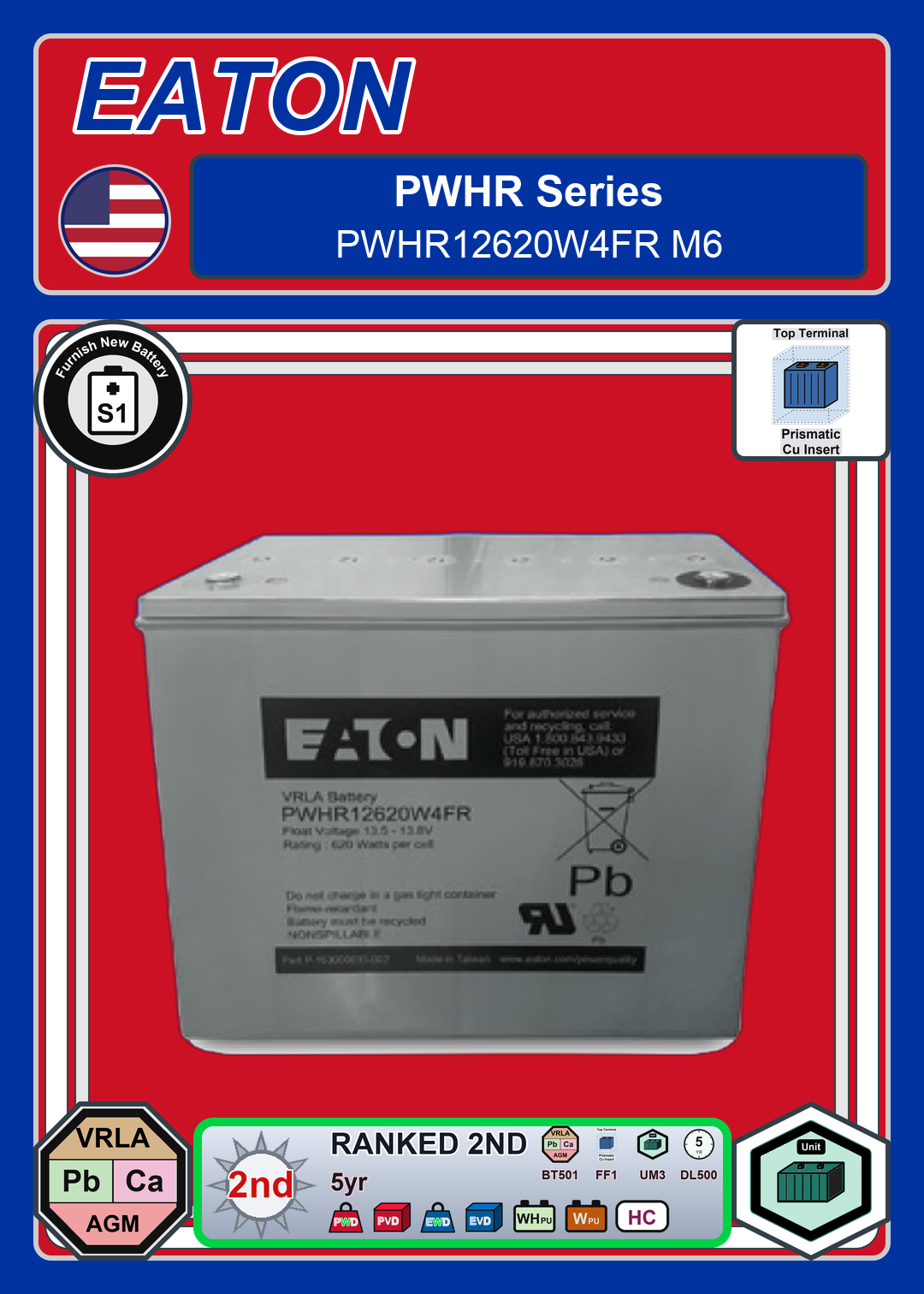 Furnish New Battery EATON PWHR Series PWHR12620W4FR M6