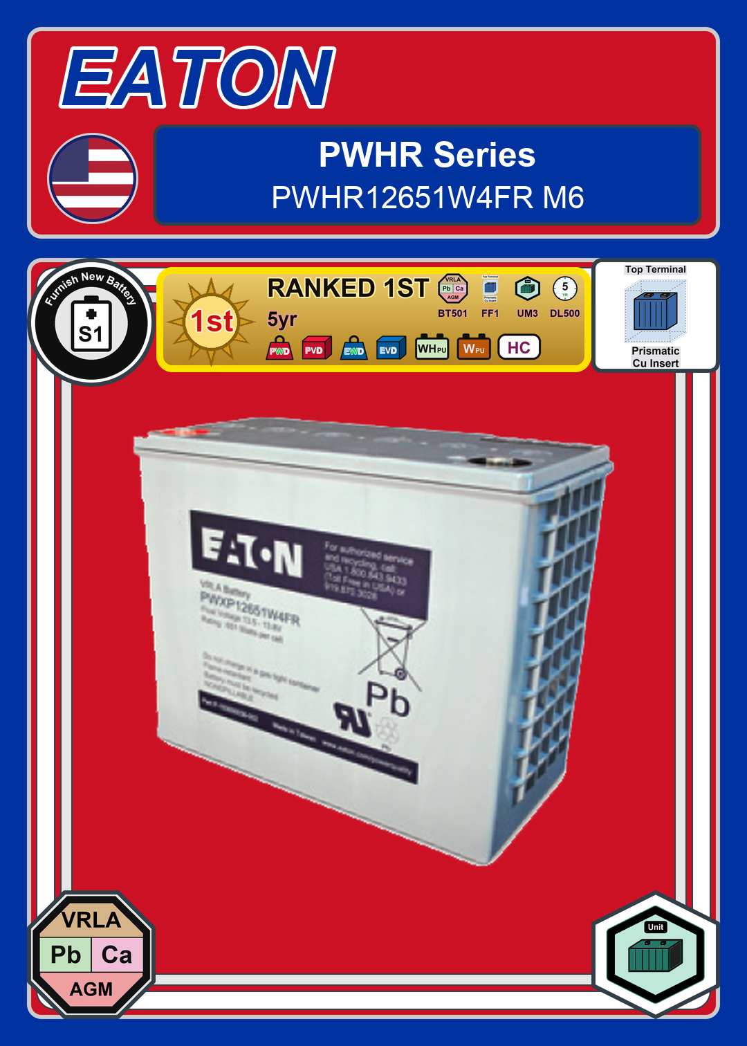 Furnish New Battery EATON PWHR Series PWHR12651W4FR M6