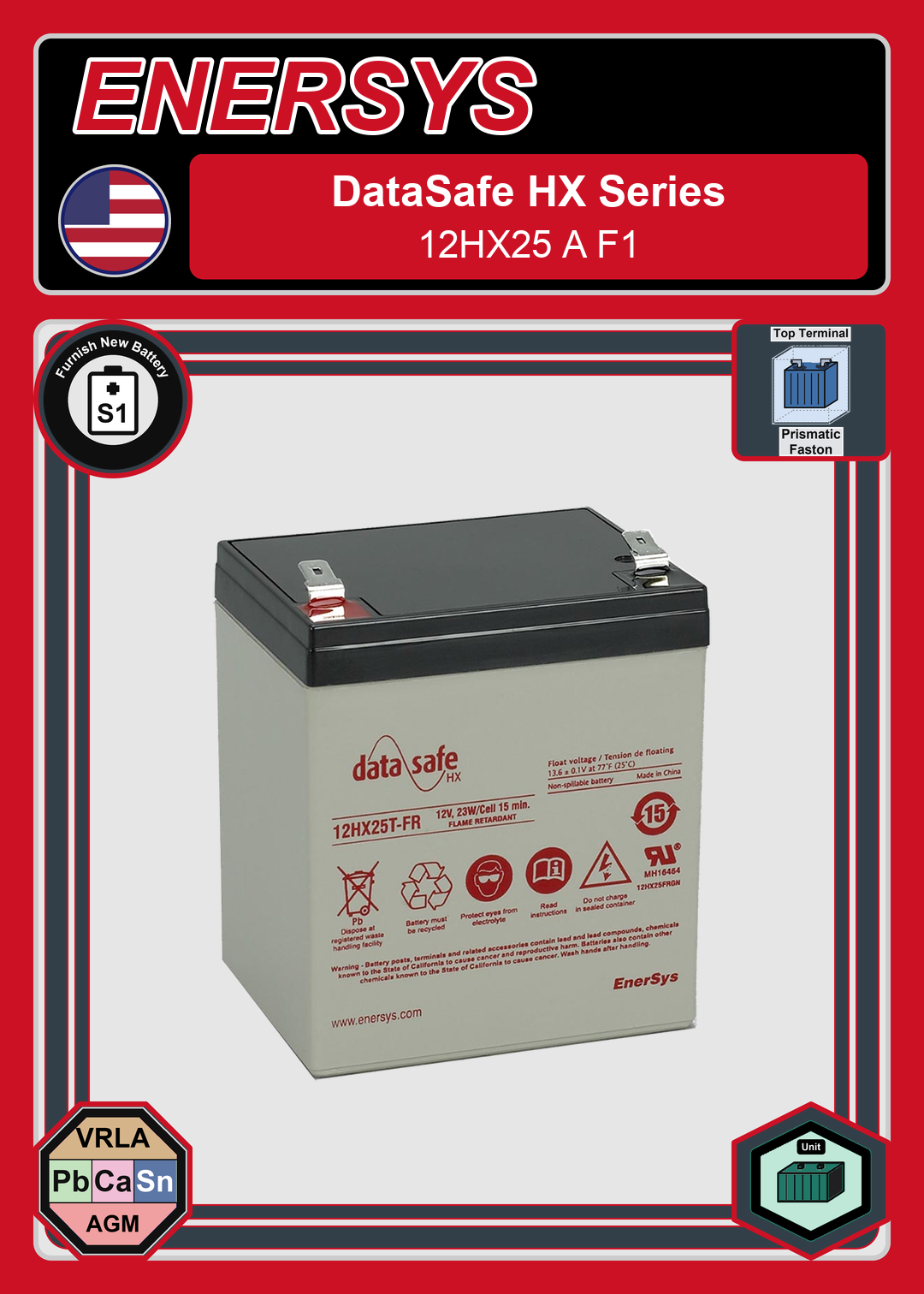 Furnish New Battery Enersys Data Safe HX 12HX25 A F1