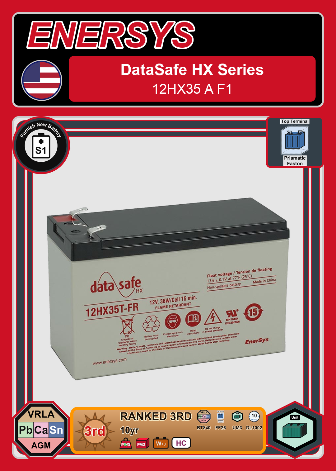 Furnish New Battery Enersys Data Safe HX 12HX35 A F1