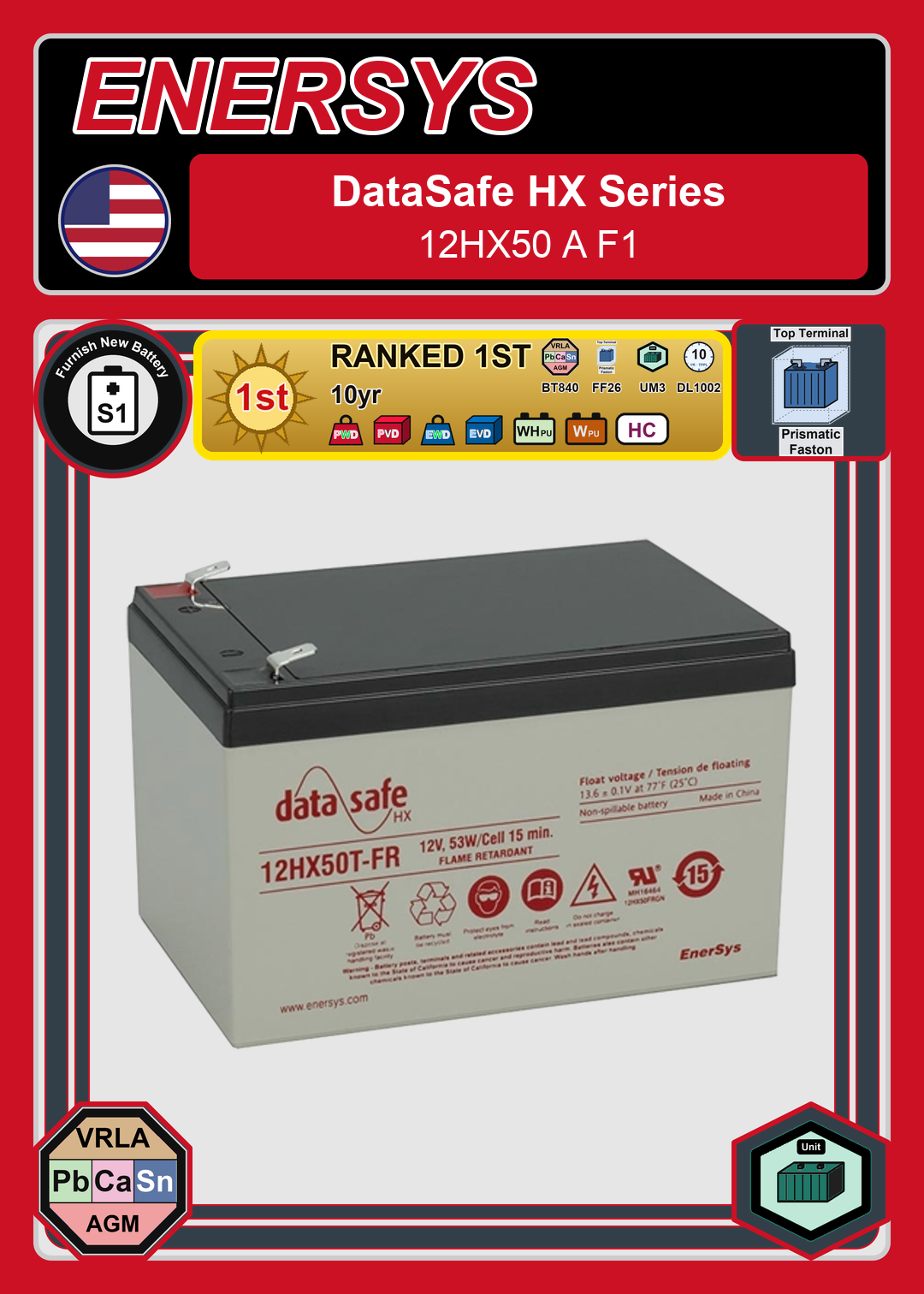 Furnish New Battery Enersys Data Safe HX 12HX50 A F1