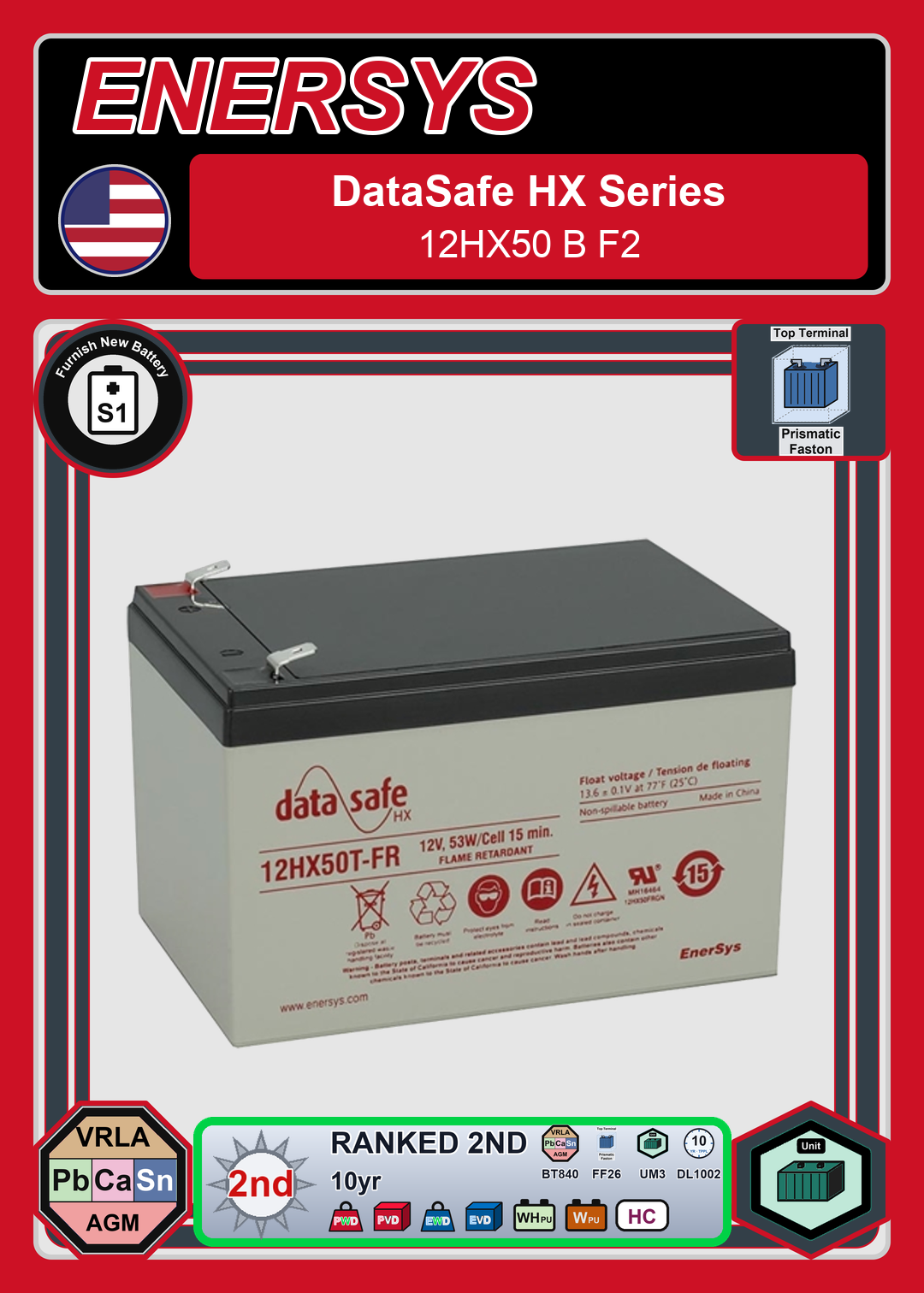 Furnish New Battery Enersys Data Safe HX 12HX50 B F2