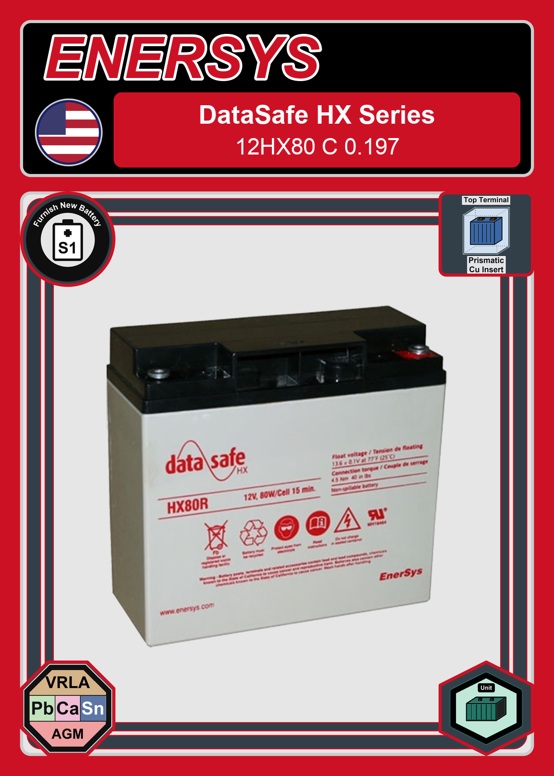 Furnish New Battery Enersys Data Safe HX 12HX80 C 0 197