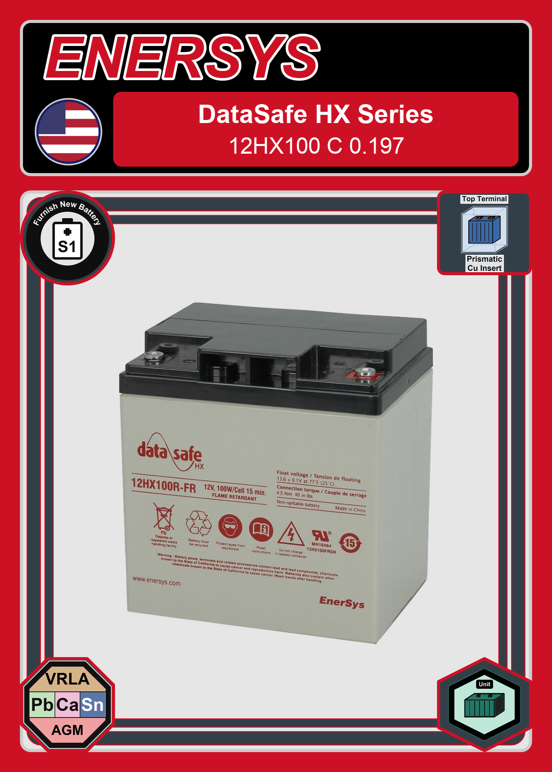 Furnish New Battery Enersys Data Safe HX 12HX100 C 0 197