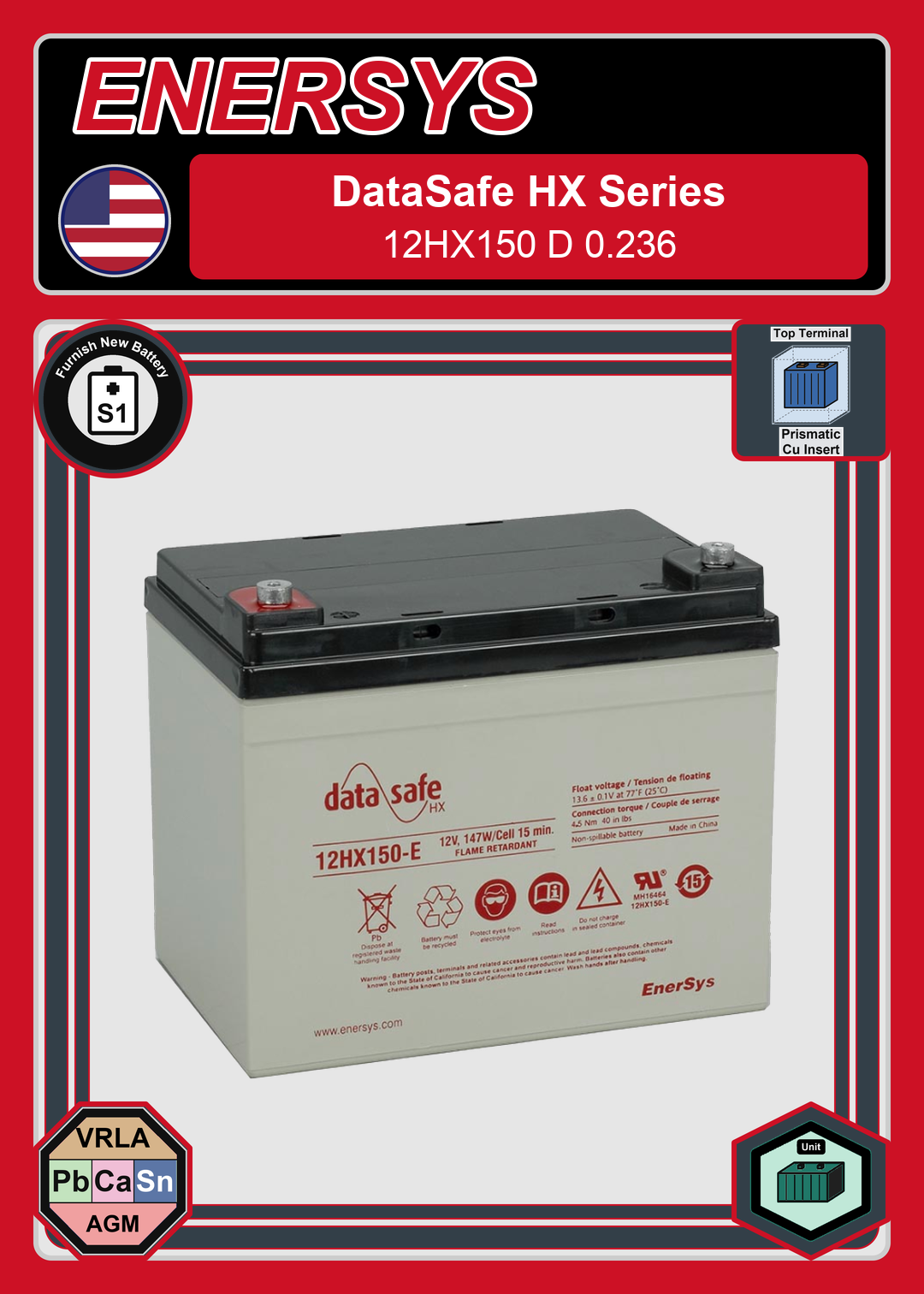 Furnish New Battery Enersys Data Safe HX 12HX150 D 0 236