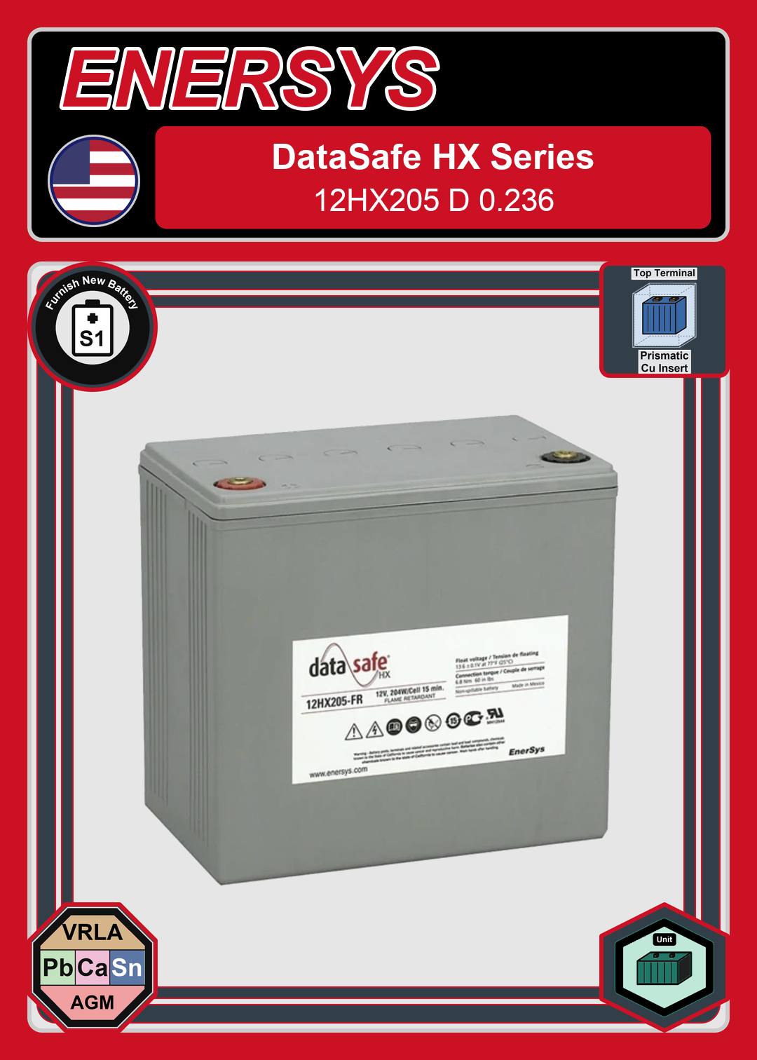 Furnish New Battery Enersys Data Safe HX 12HX205 D 0 236