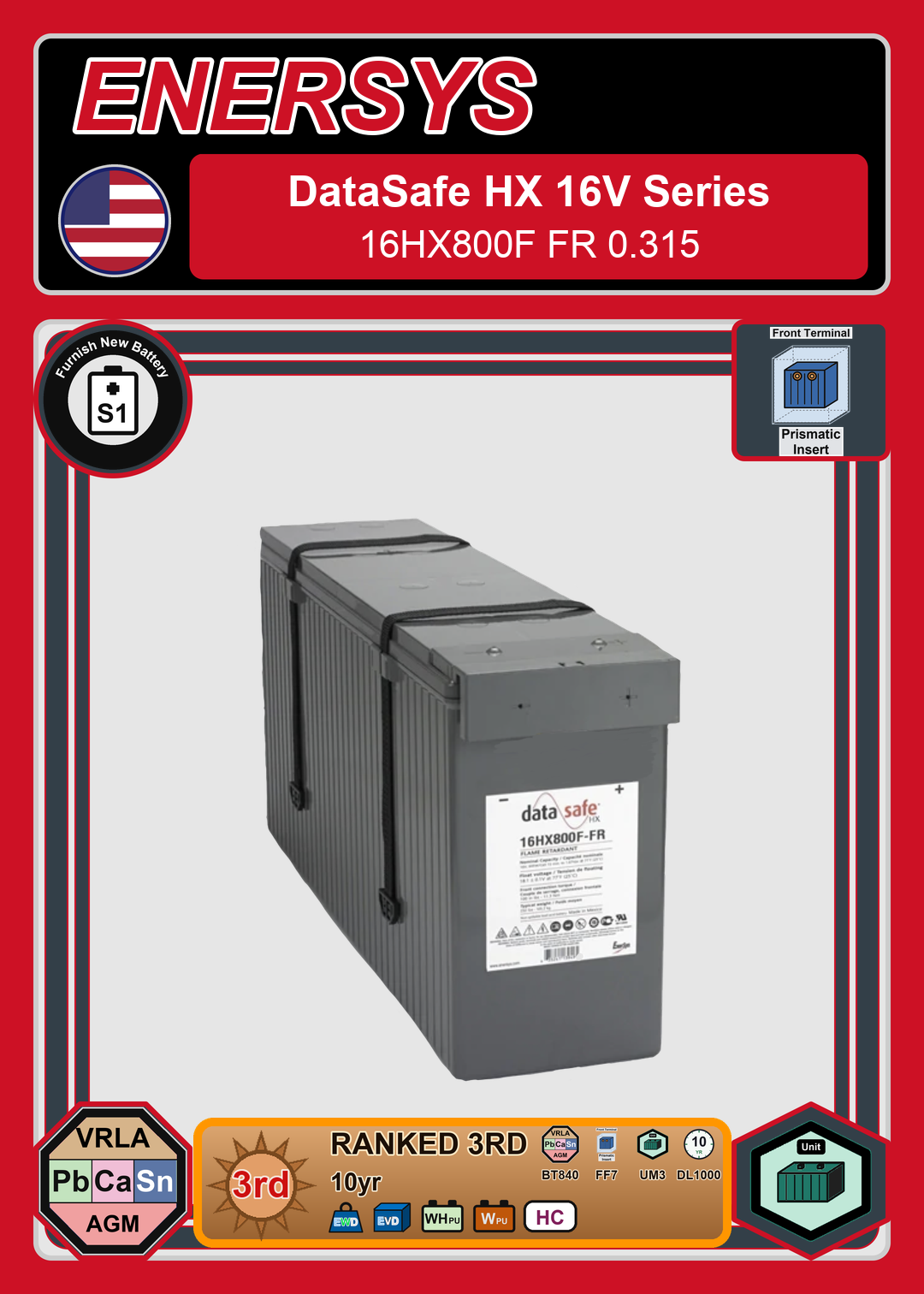 Furnish New Battery Enersys Data Safe 16HX FT 16HX800F FR 0 315