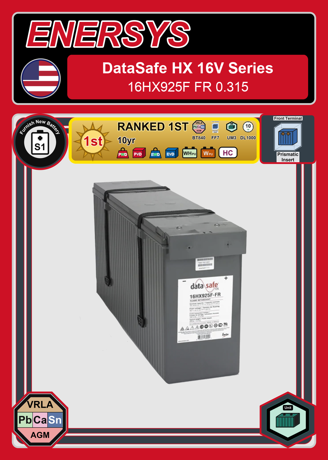 Furnish New Battery Enersys Data Safe 16HX FT 16HX925F FR 0 315