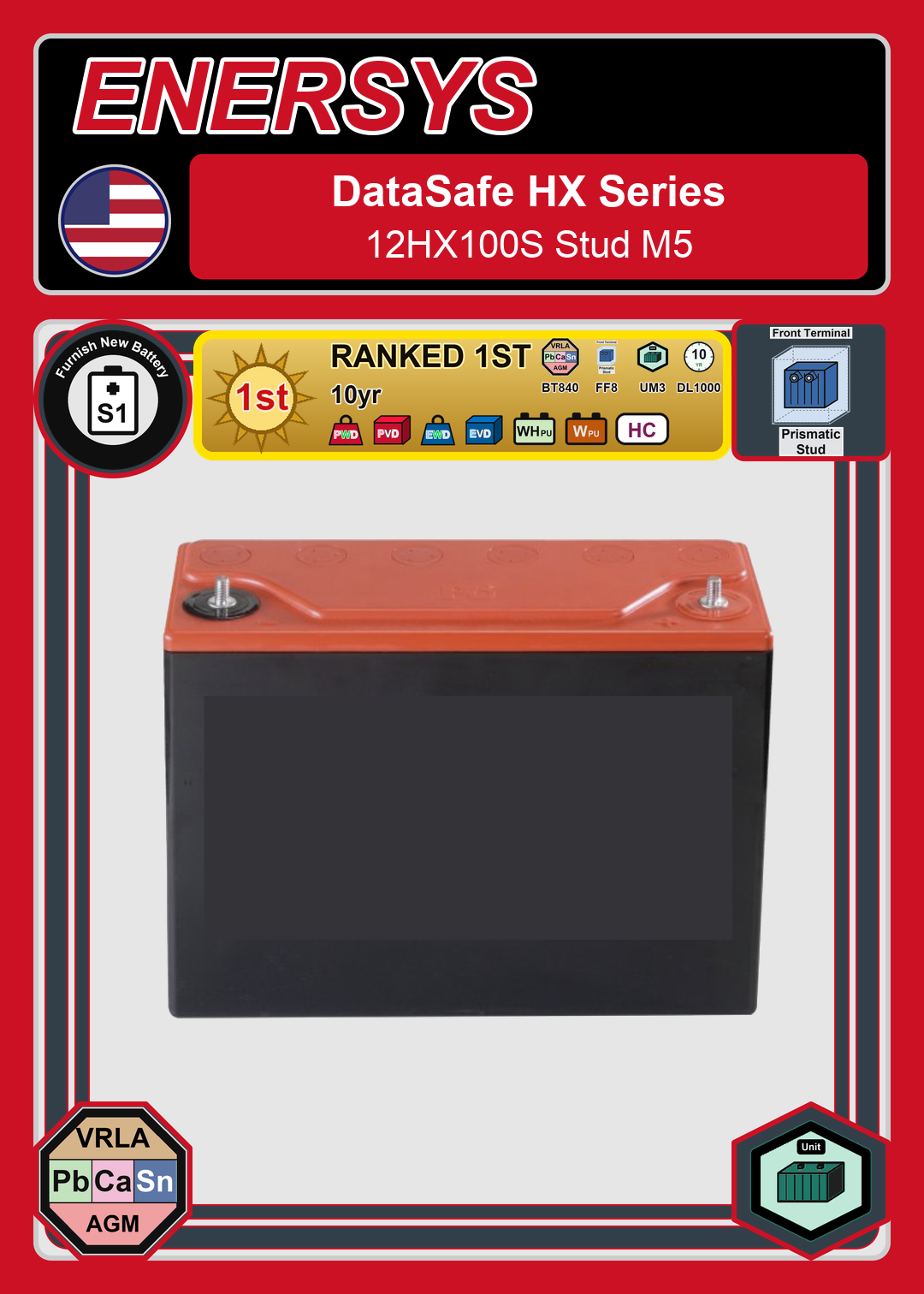 Furnish New Battery Enersys Data Safe HX 12HX100S Stud M5