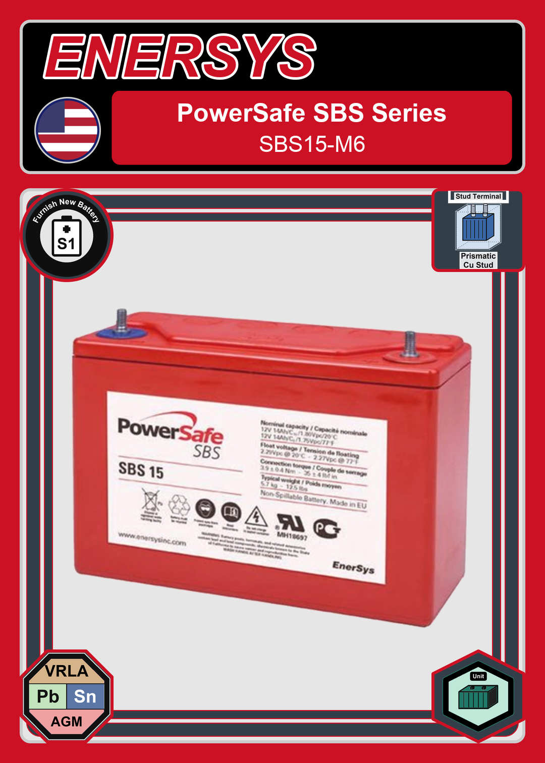 Furnish New Battery Enersys PowerSafe SBS Series SBS15 M6