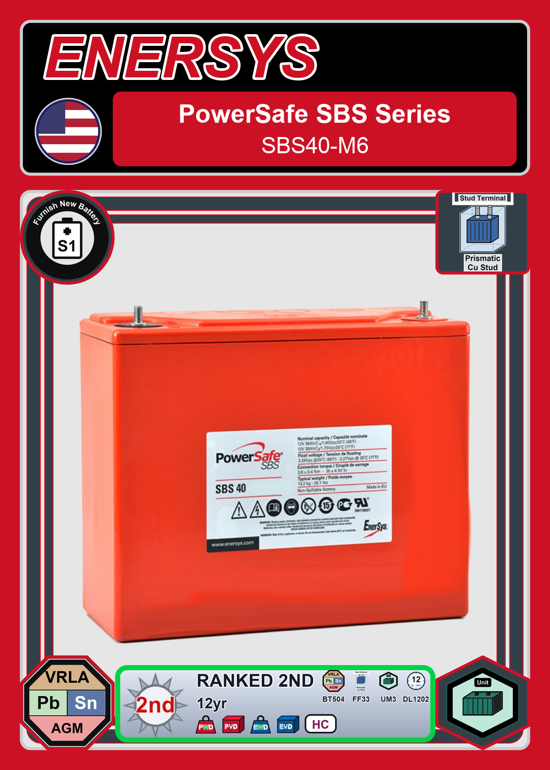 Furnish New Battery Enersys PowerSafe SBS Series SBS40 M6