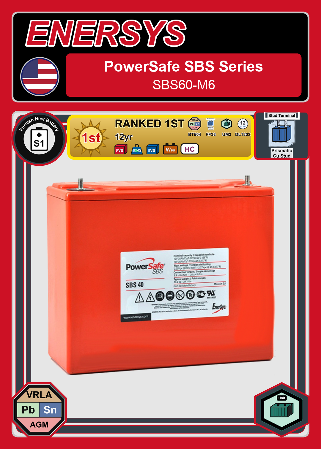 Furnish New Battery Enersys PowerSafe SBS Series SBS60 M6