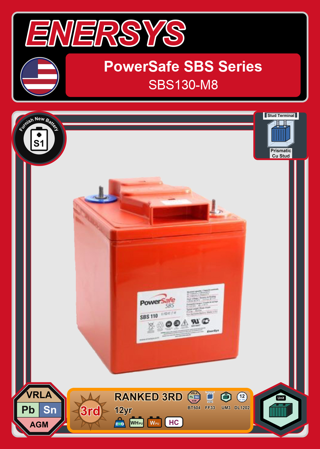 Furnish New Battery Enersys PowerSafe SBS Series SBS130 M8