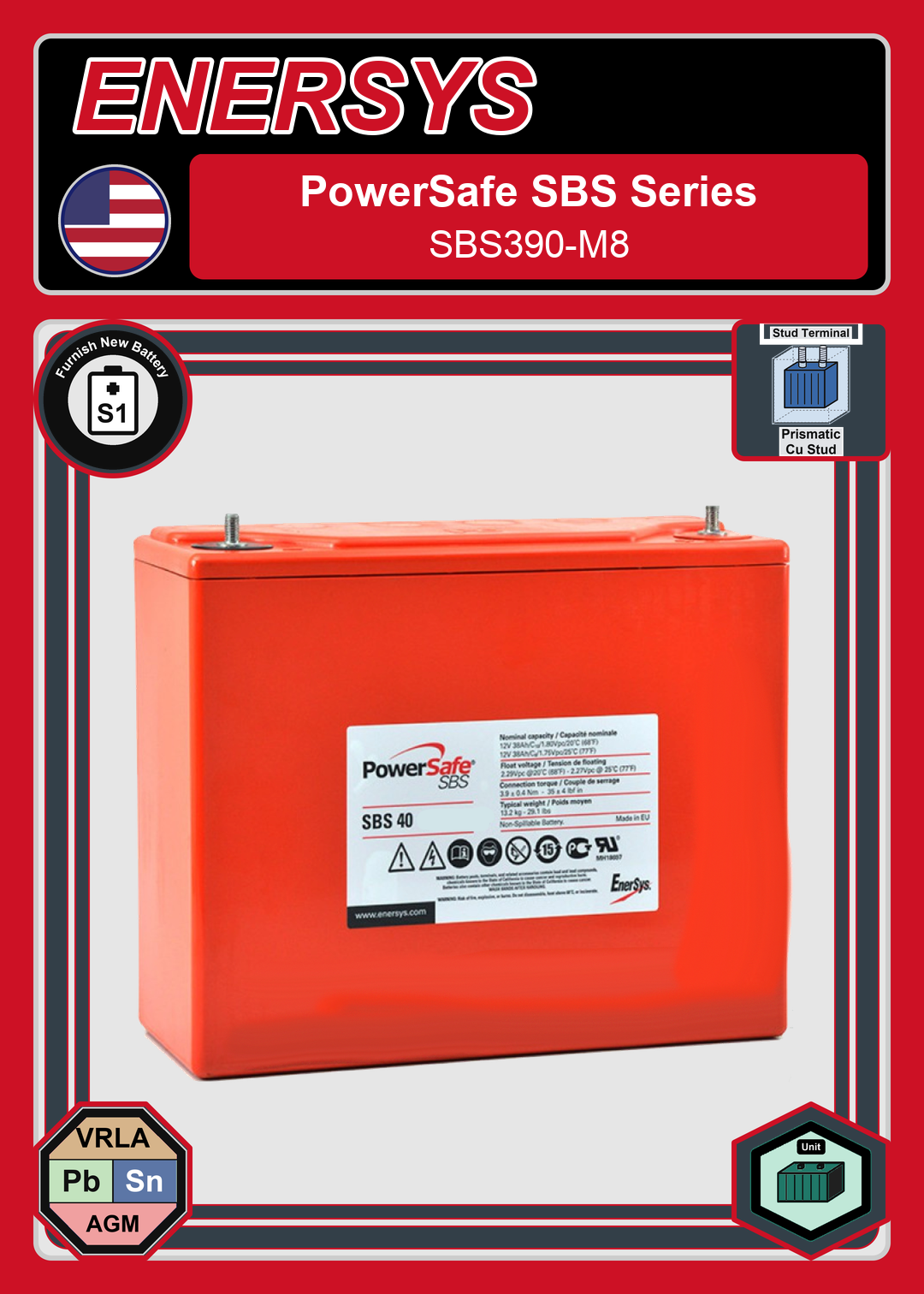 Furnish New Battery Enersys PowerSafe SBS Series SBS390 M8