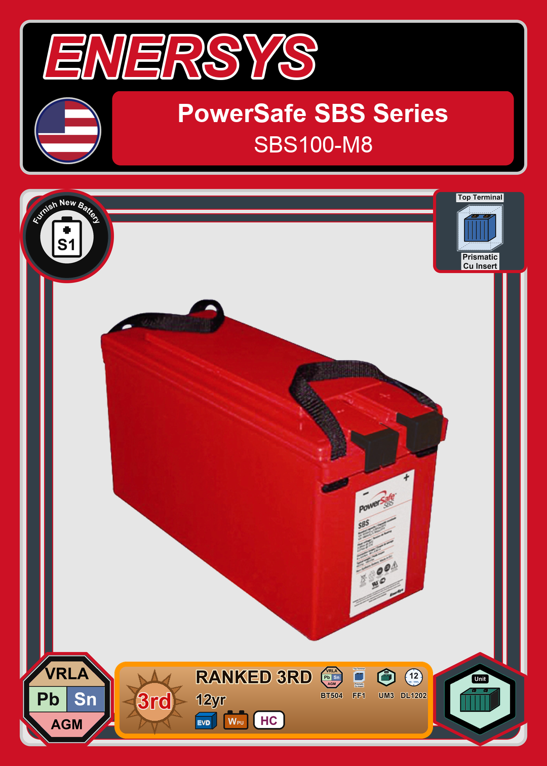Furnish New Battery Enersys PowerSafe SBS Series SBS100 M8