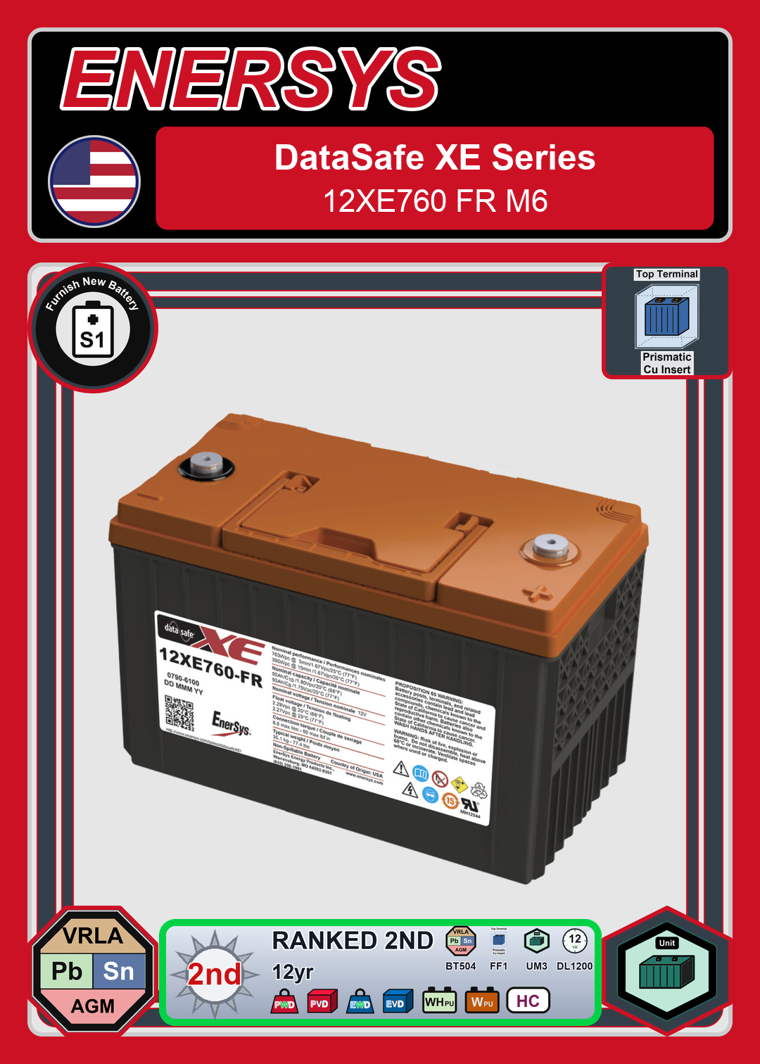 Furnish New Battery Enersys DataSafe XE Series 12XE760 FR M6