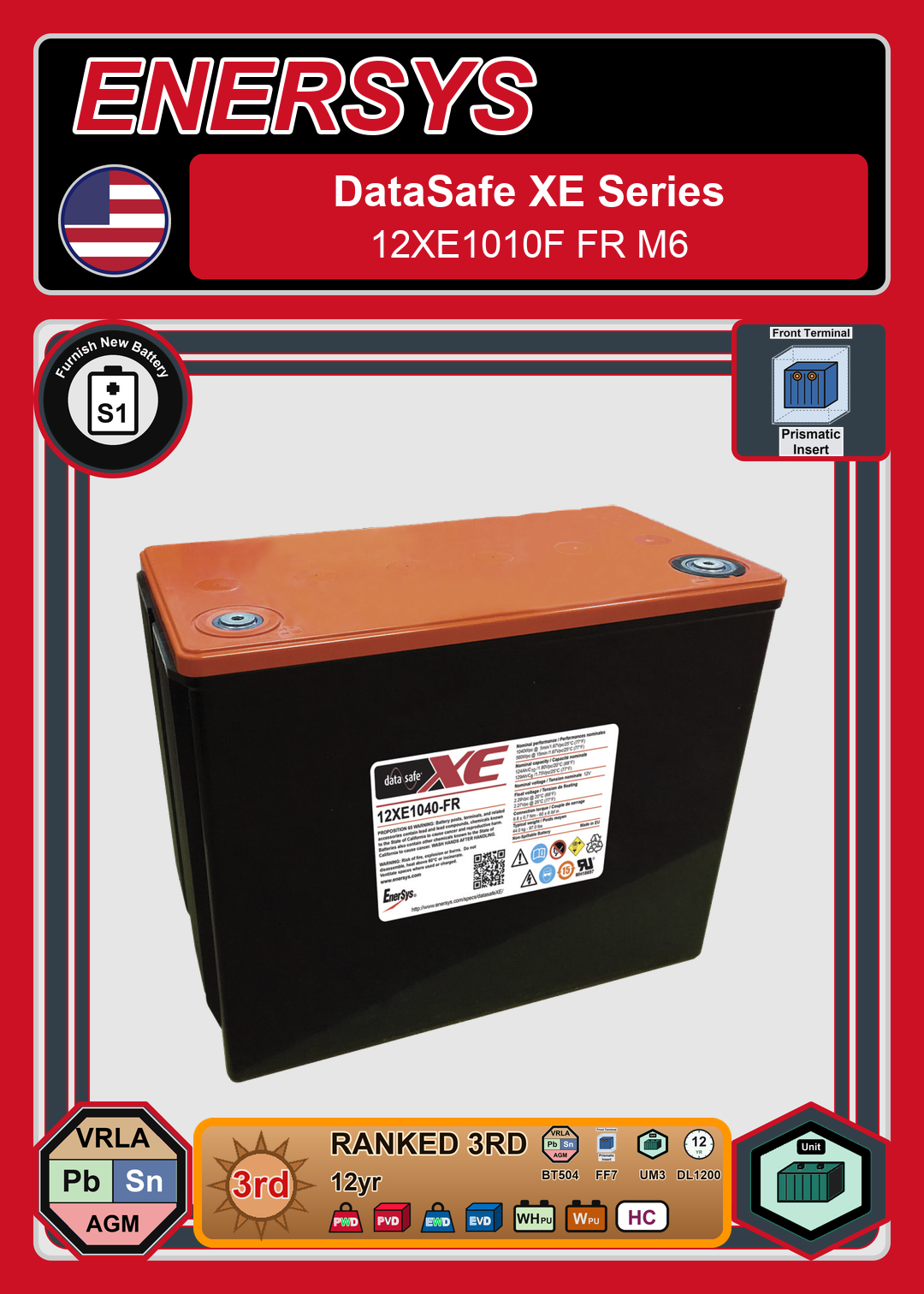 Furnish New Battery Enersys DataSafe XE Series 12XE1010F FR M6