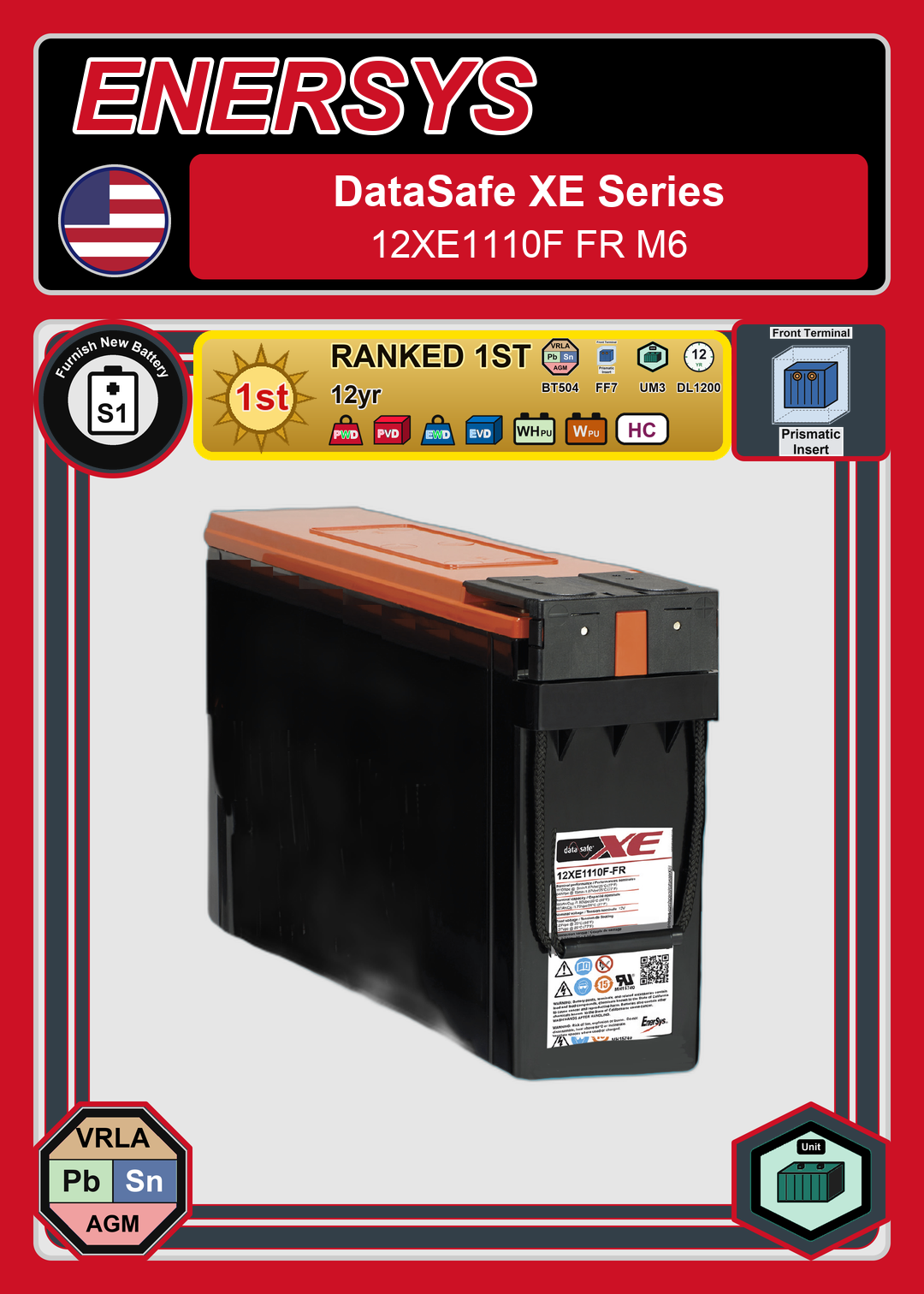 Furnish New Battery Enersys DataSafe XE Series 12XE1110F FR M6