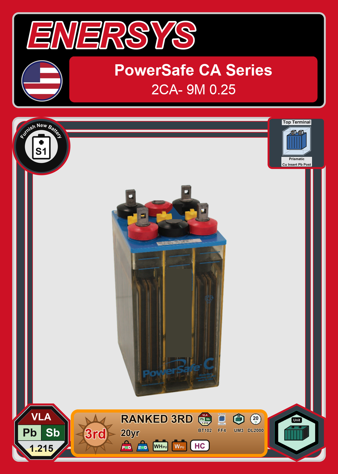 Furnish New Battery Enersys PowerSafe CA Series 2CA 9M 0 25
