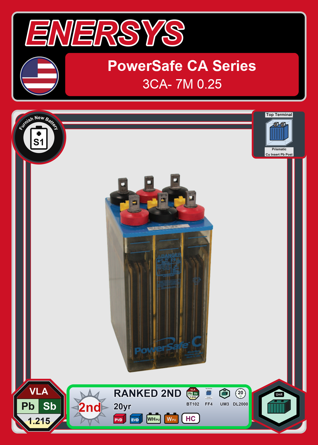 Furnish New Battery Enersys PowerSafe CA Series 3CA 7M 0 25