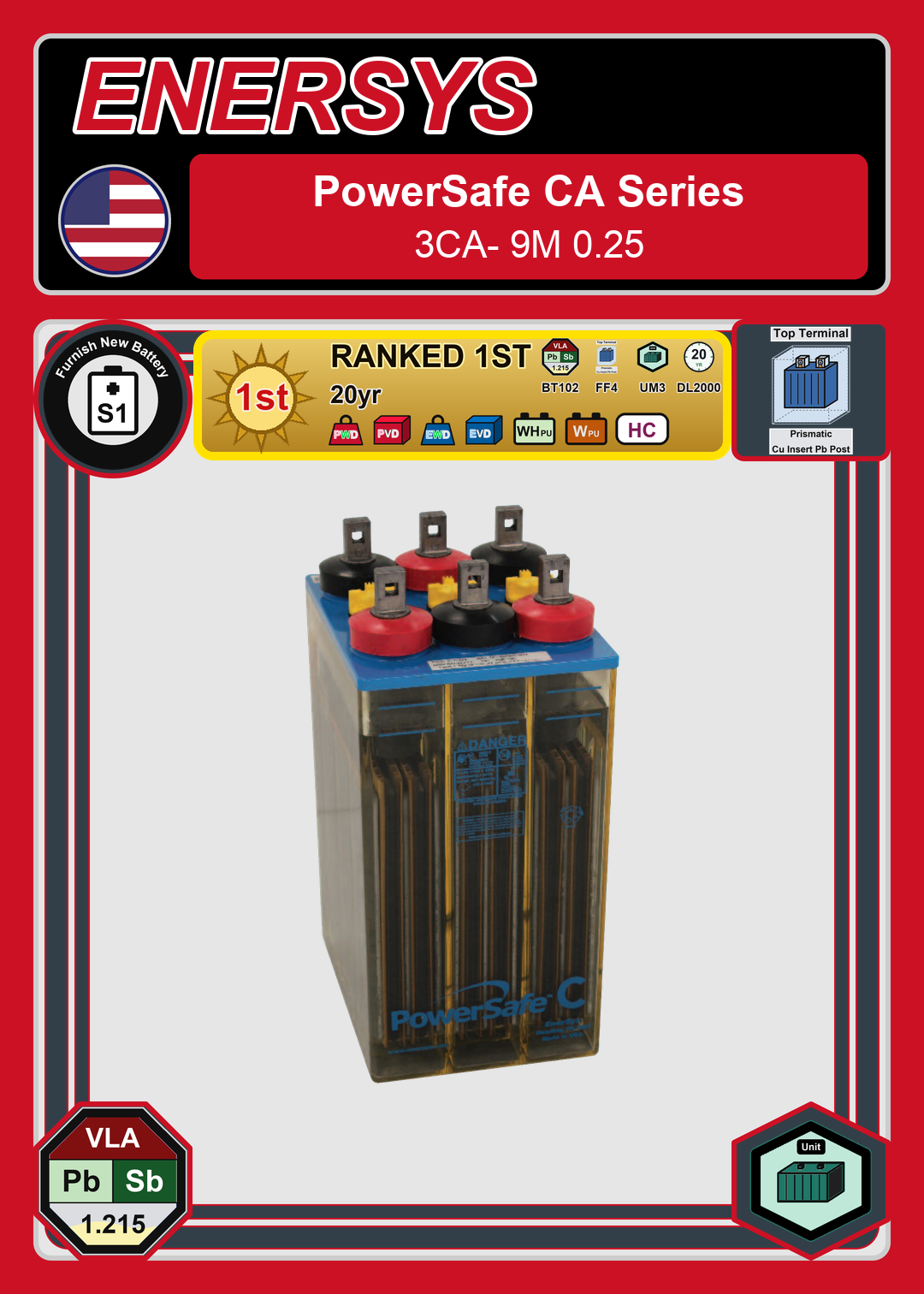Furnish New Battery Enersys PowerSafe CA Series 3CA 9M 0 25