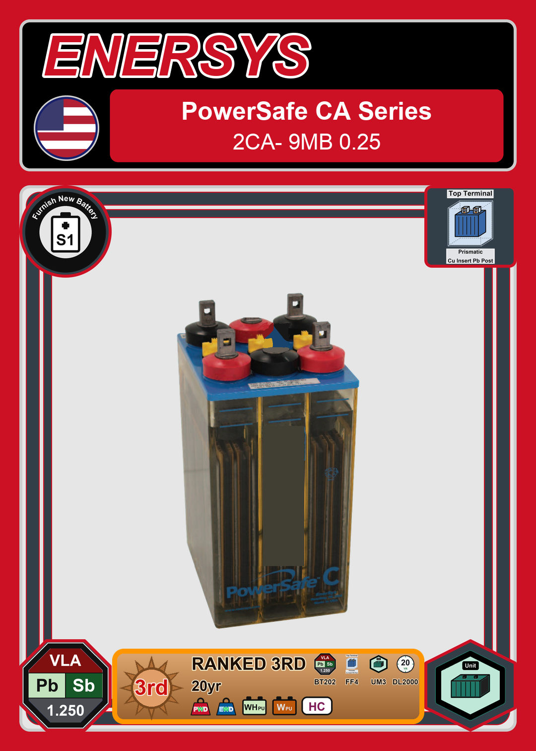 Furnish New Battery Enersys PowerSafe CA Series 2CA 9MB 0 25