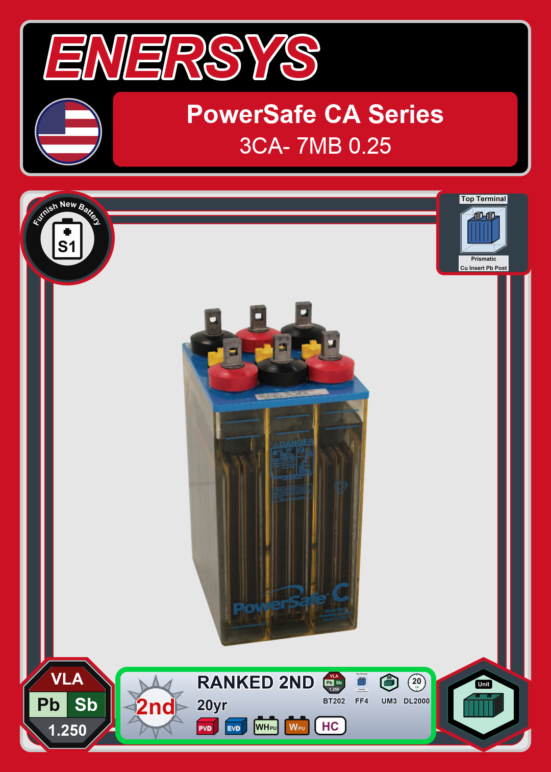 Furnish New Battery Enersys PowerSafe CA Series 3CA 7MB 0 25