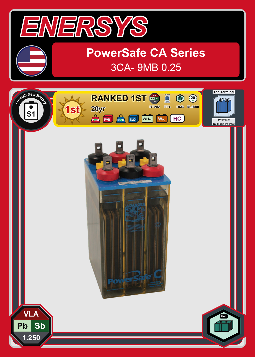 Furnish New Battery Enersys PowerSafe CA Series 3CA 9MB 0 25