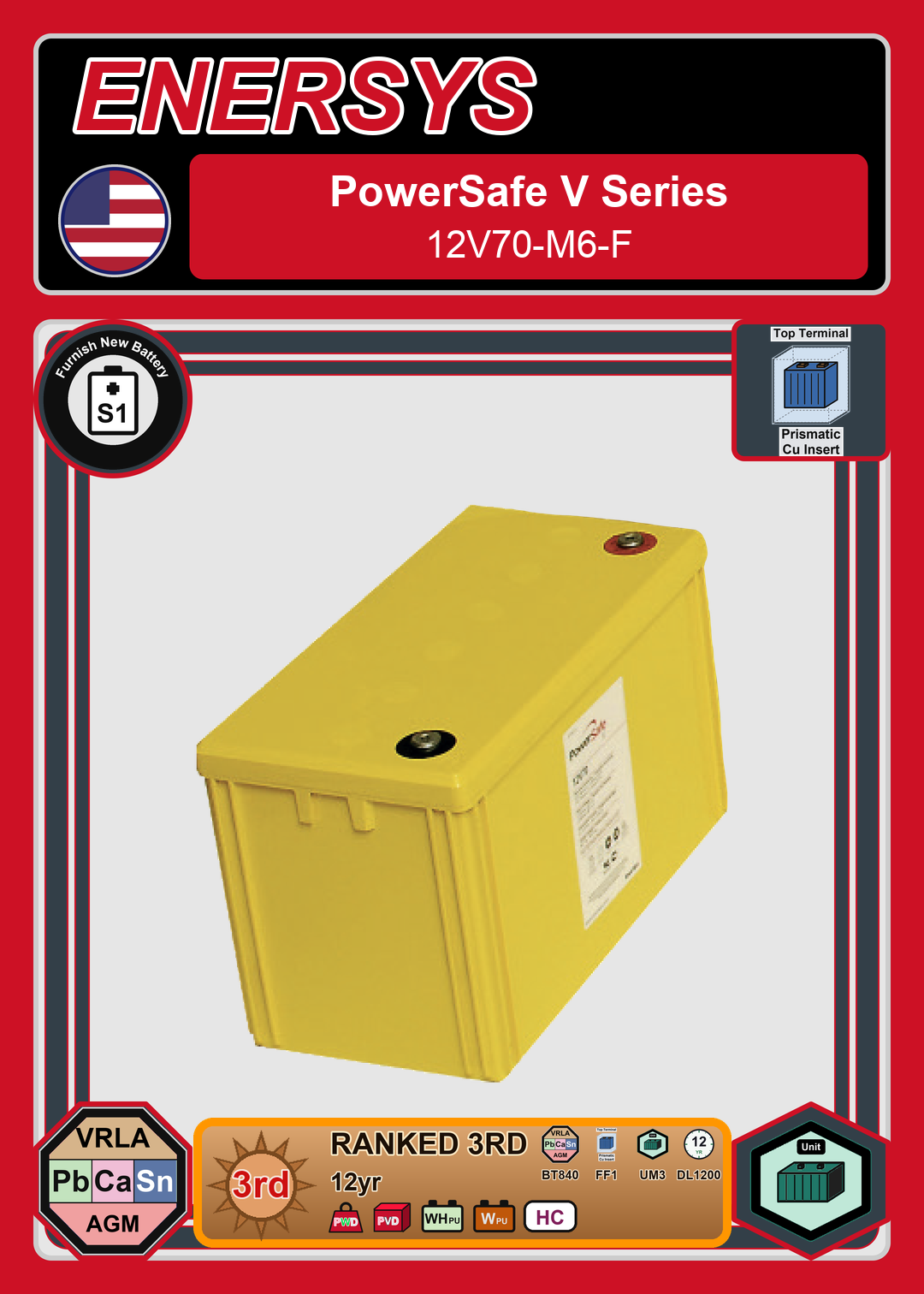 Furnish New Battery Enersys PowerSafe V Series 12V70 M6 F