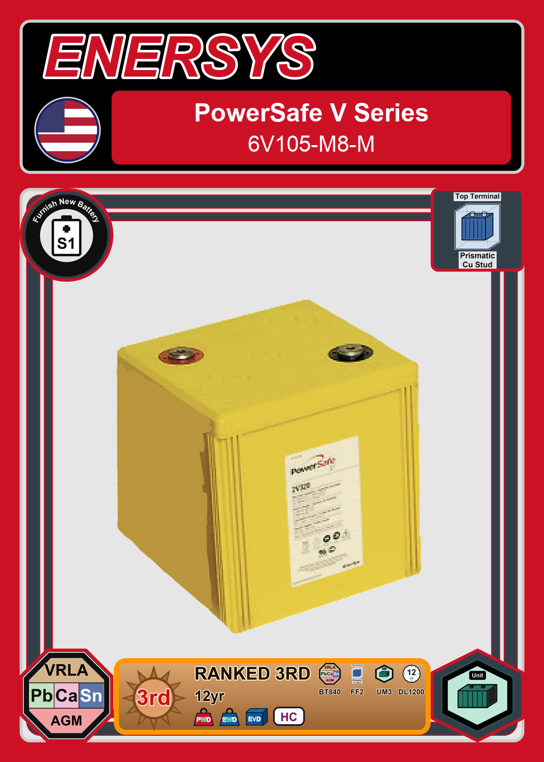 Furnish New Battery Enersys PowerSafe V Series 6V105 M8 M