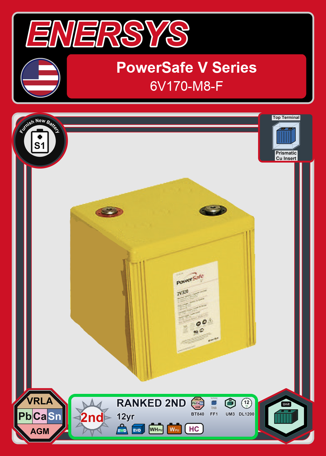 Furnish New Battery Enersys PowerSafe V Series 6V170 M8 F