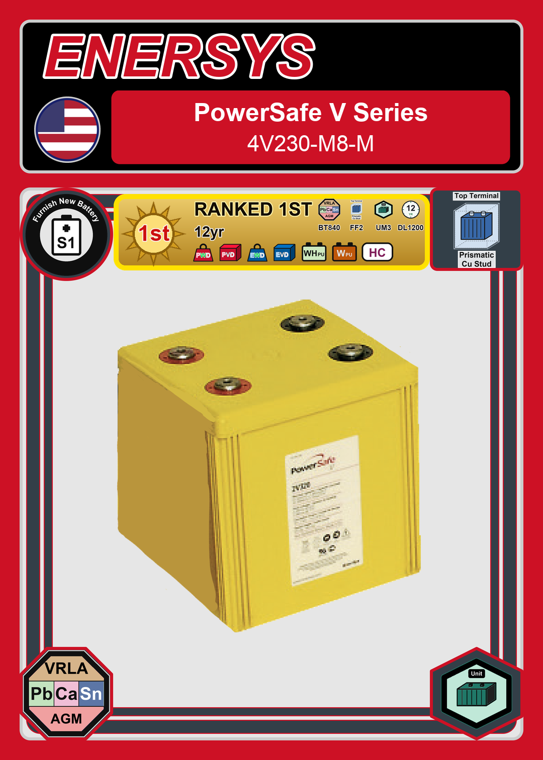 Furnish New Battery Enersys PowerSafe V Series 4V230 M8 M