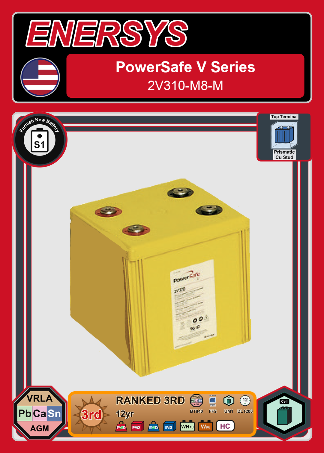 Furnish New Battery Enersys PowerSafe V Series 2V310 M8 M